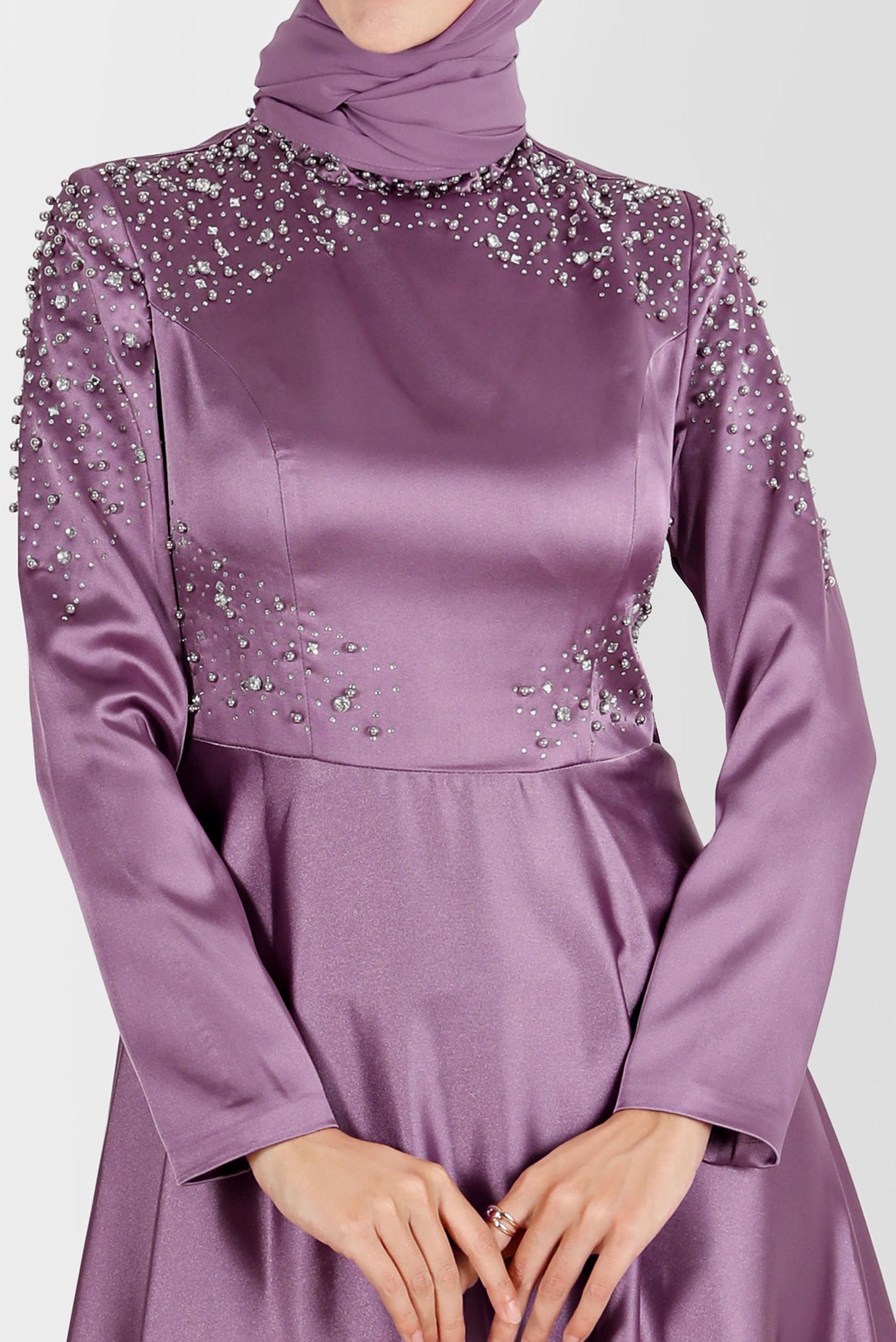 Tesettür giyim MOR İNCİ VE TAŞ İŞLEMELİ SATEN ABİYE ELBİSE 50215 