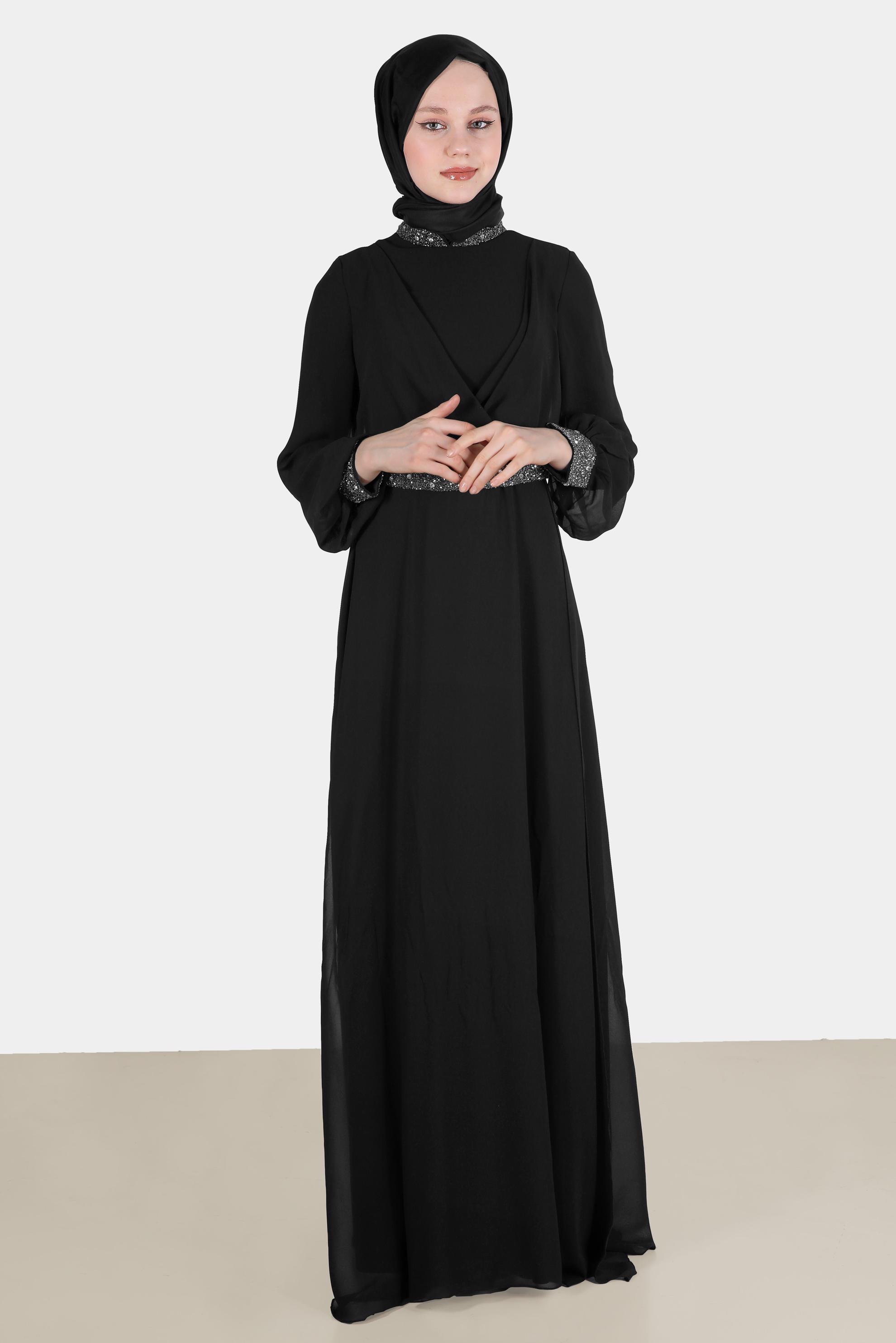 Tesettür giyim SİYAH TAŞ DETAYLI ŞİFON ABİYE ELBİSE 50216 