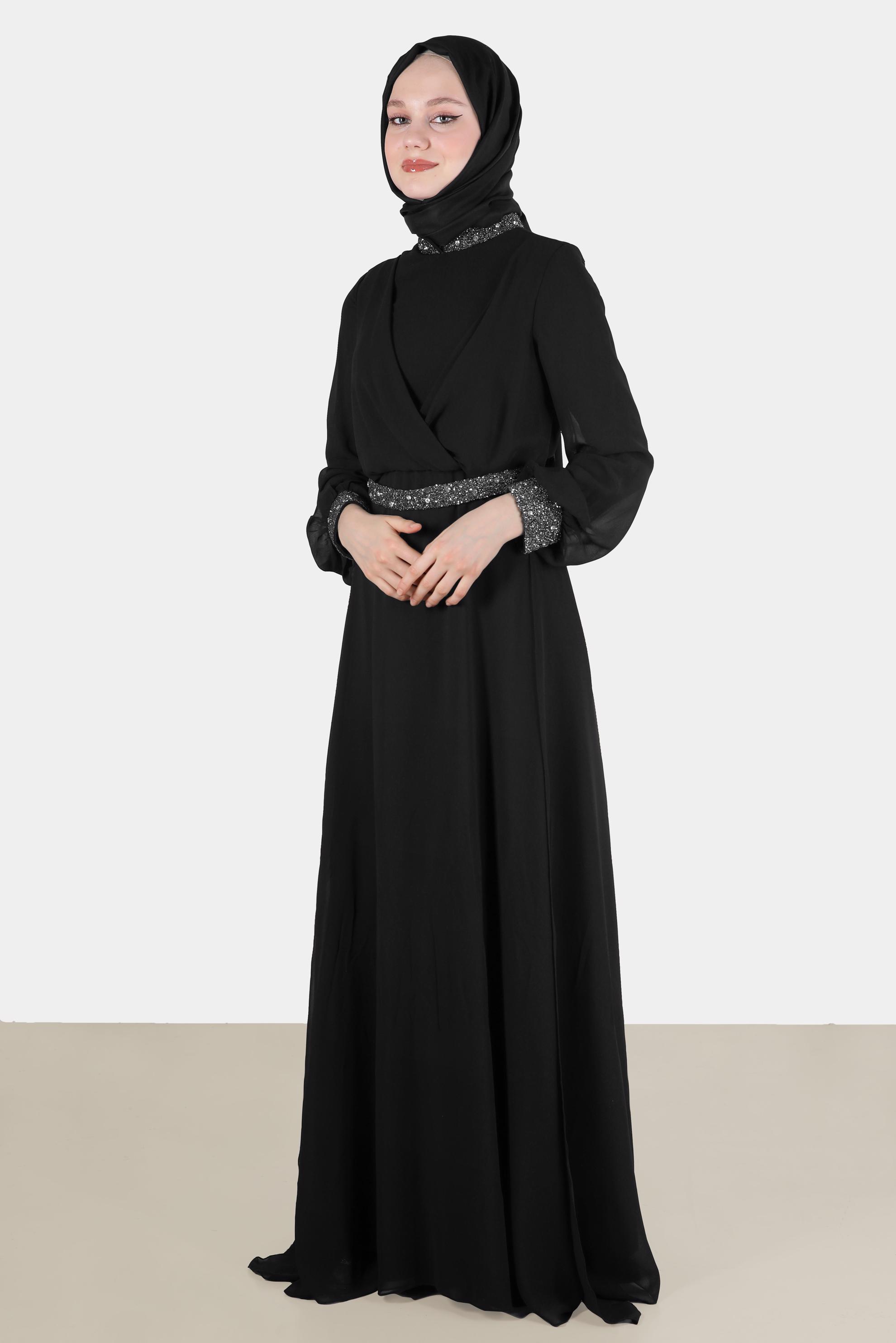 Tesettür giyim SİYAH TAŞ DETAYLI ŞİFON ABİYE ELBİSE 50216 