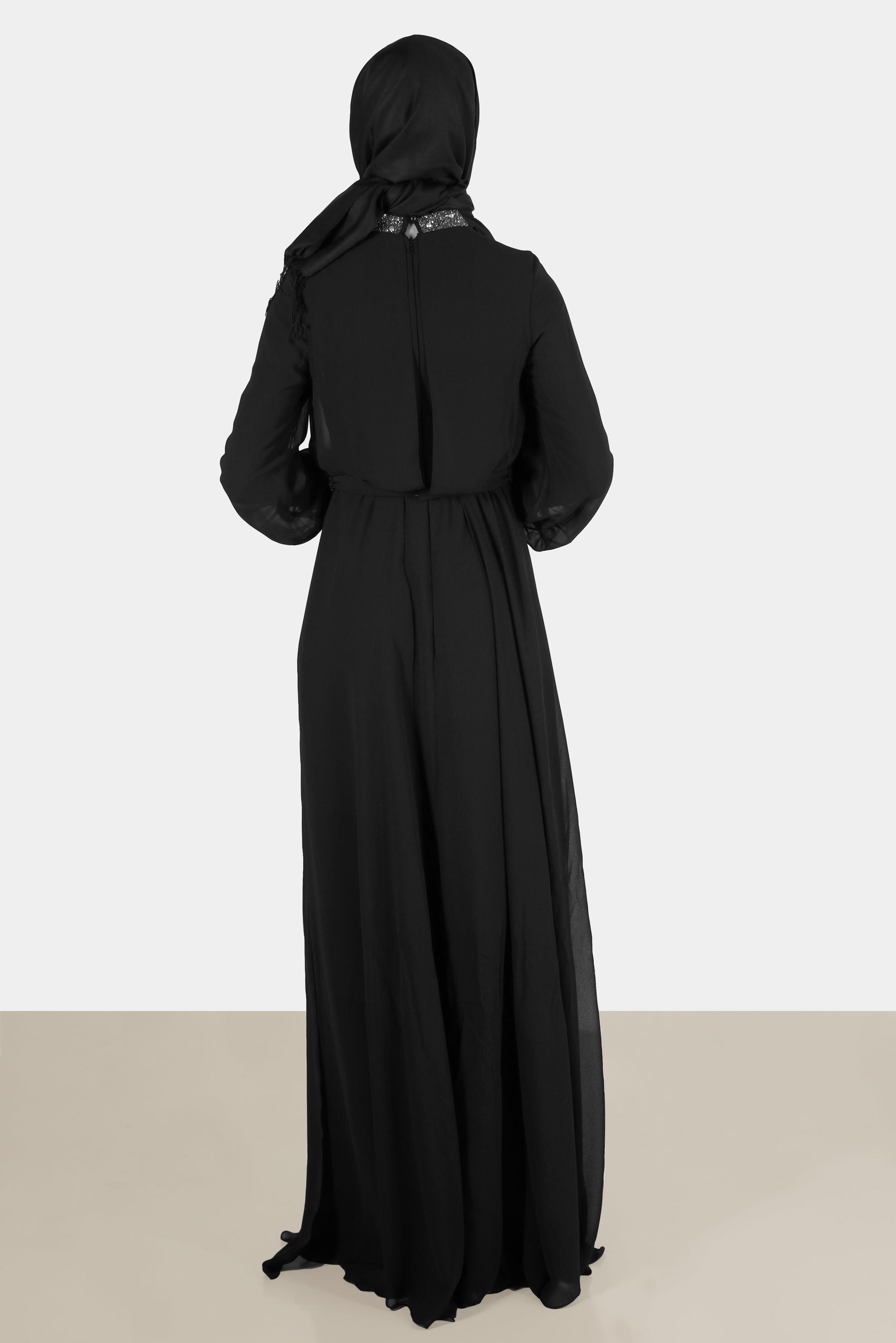 Tesettür giyim SİYAH TAŞ DETAYLI ŞİFON ABİYE ELBİSE 50216 