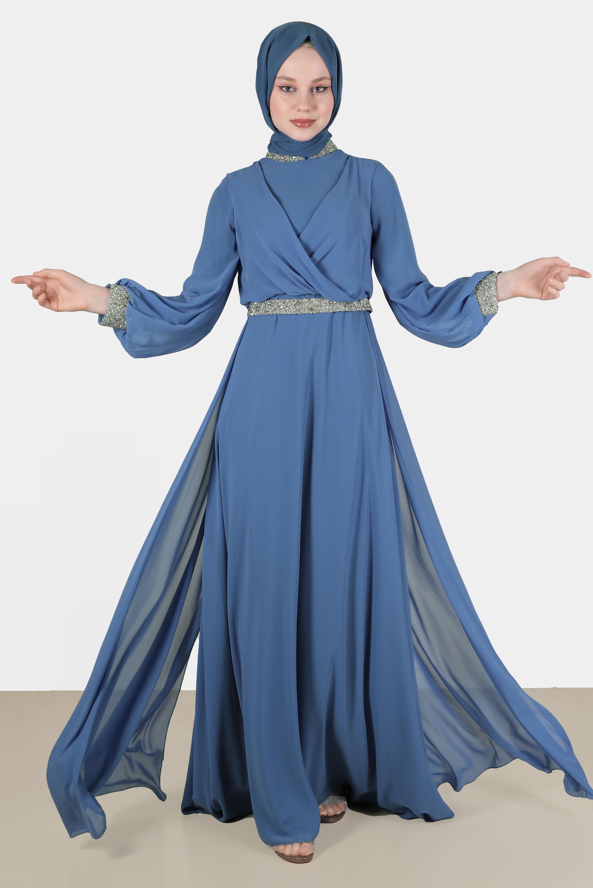 Tesettür giyim MAVİ TAŞ DETAYLI ŞİFON ABİYE ELBİSE 50216 