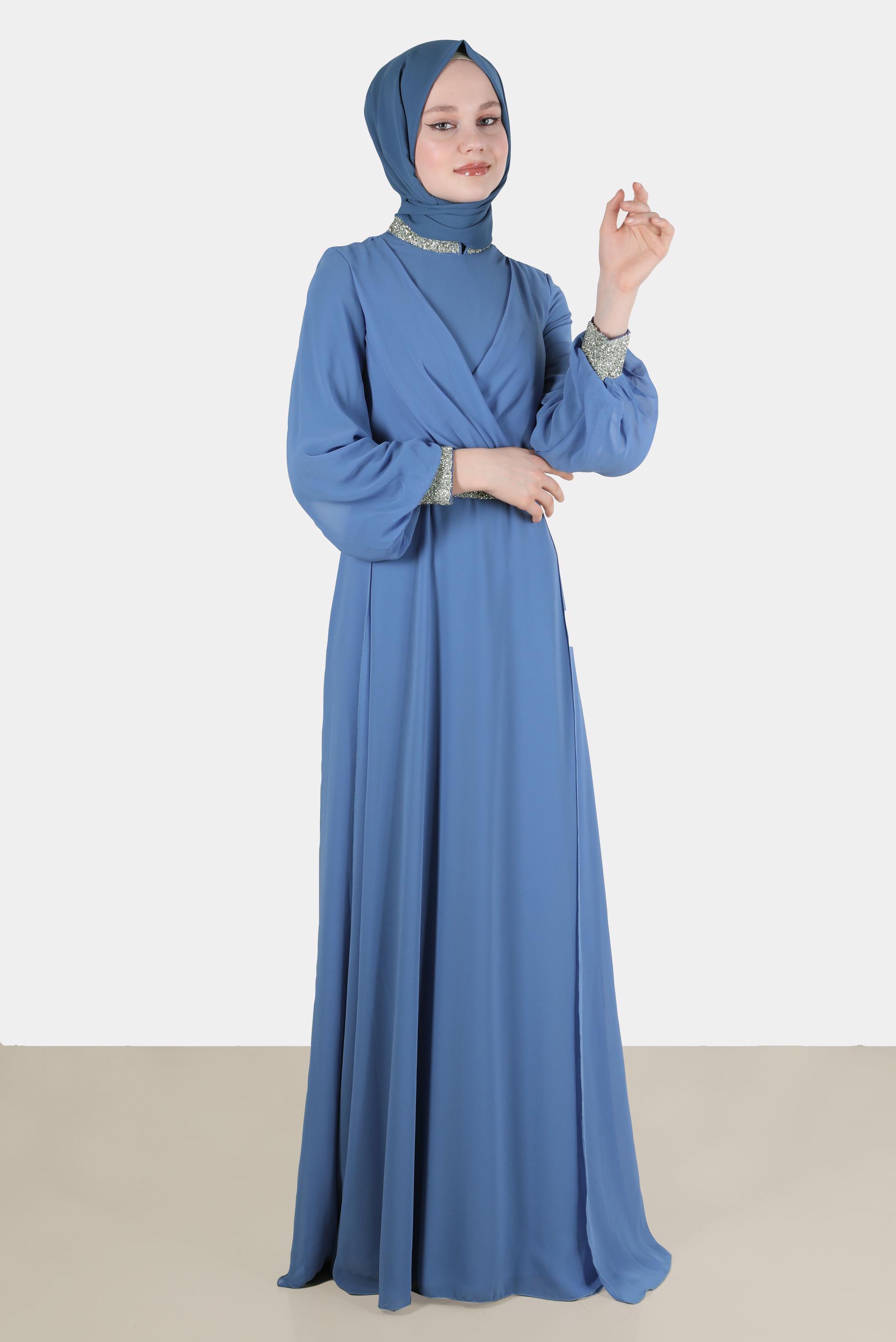 Tesettür giyim MAVİ TAŞ DETAYLI ŞİFON ABİYE ELBİSE 50216 