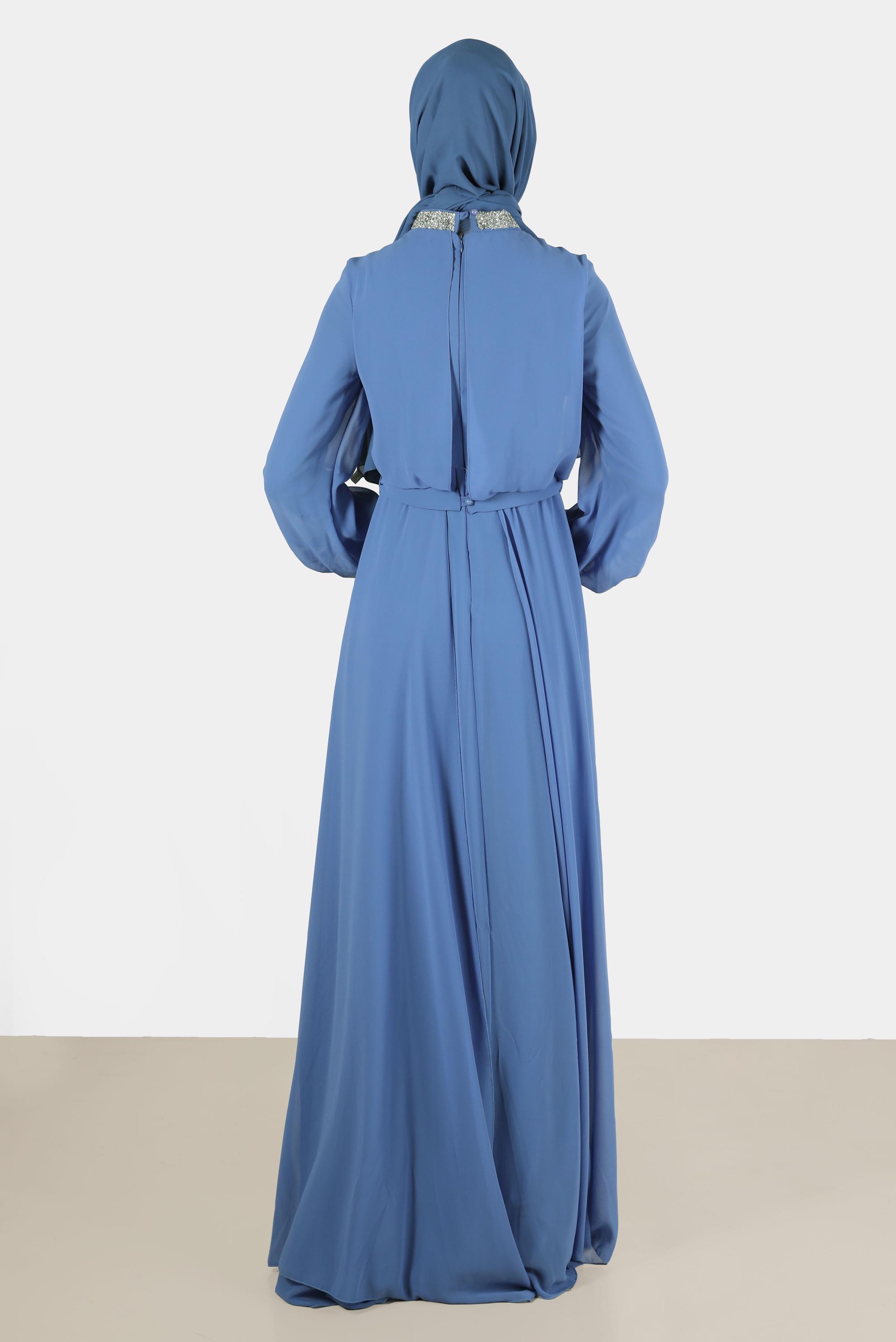 Tesettür giyim MAVİ TAŞ DETAYLI ŞİFON ABİYE ELBİSE 50216 