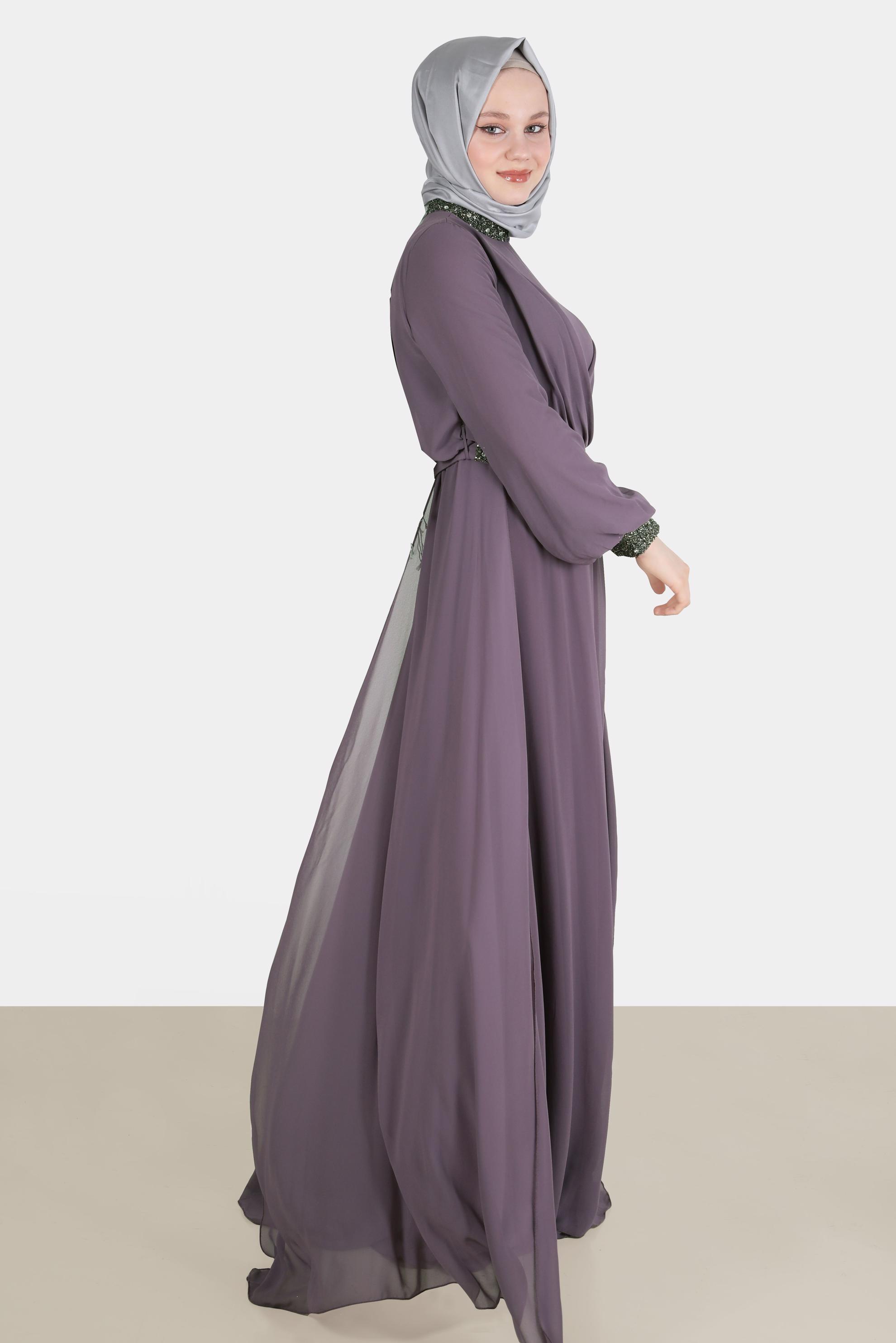 Tesettür giyim MOR TAŞ DETAYLI ŞİFON ABİYE ELBİSE 50216 