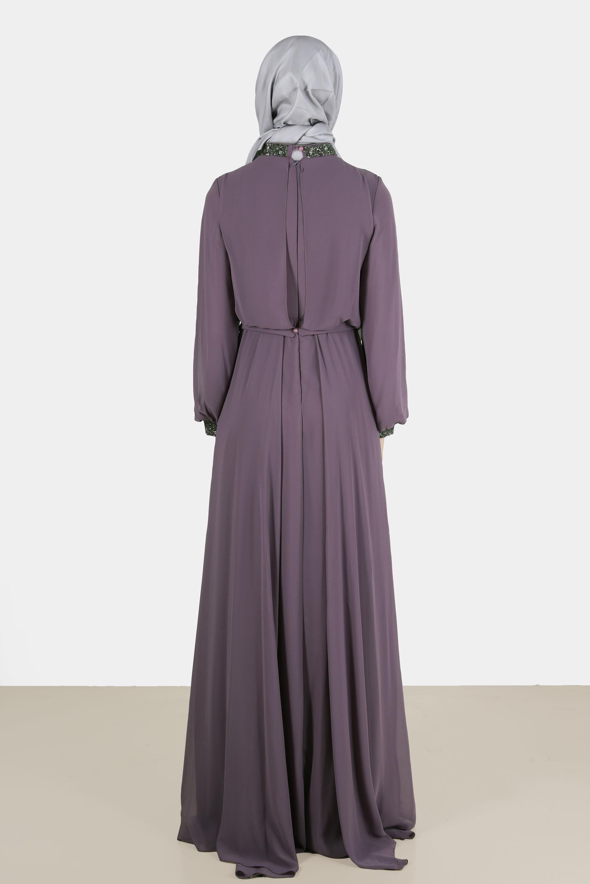 Tesettür giyim MOR TAŞ DETAYLI ŞİFON ABİYE ELBİSE 50216 