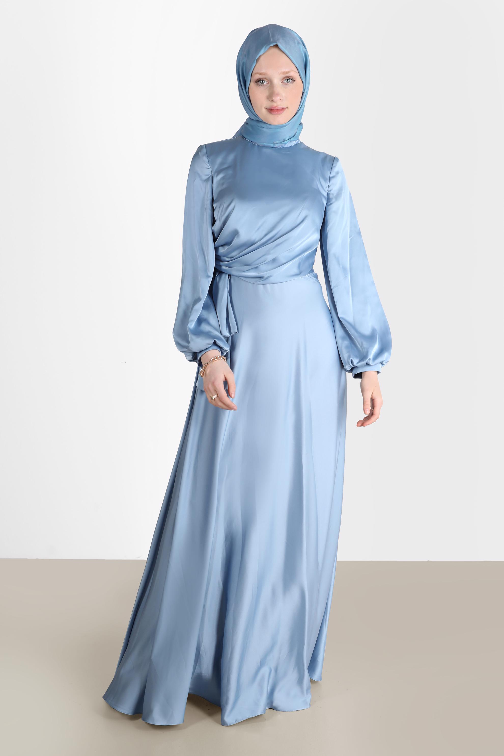 Tesettür giyim MAVİ YANDAN BÜZGÜLÜ SATEN ABİYE ELBİSE 50217	