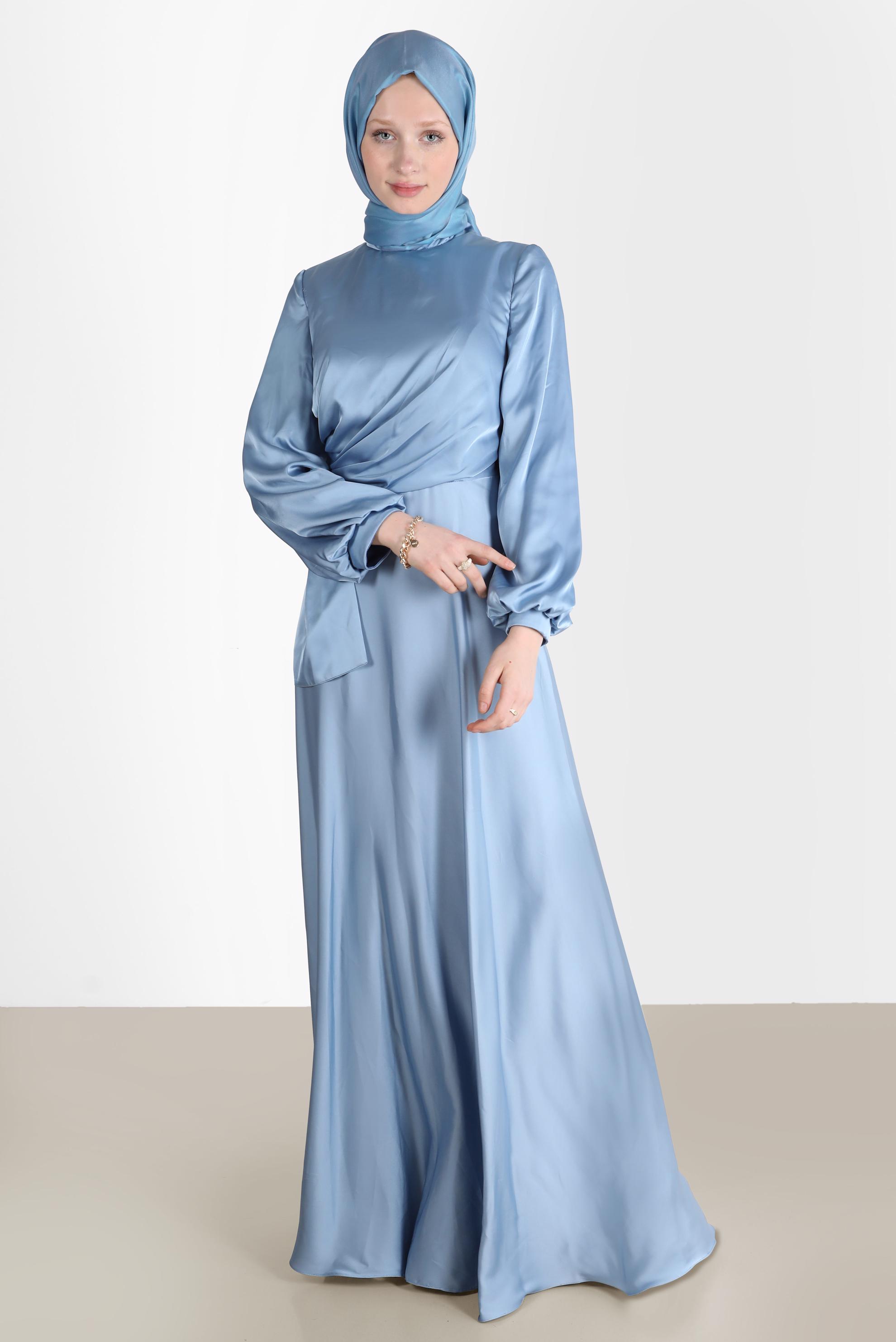 Tesettür giyim MAVİ YANDAN BÜZGÜLÜ SATEN ABİYE ELBİSE 50217	