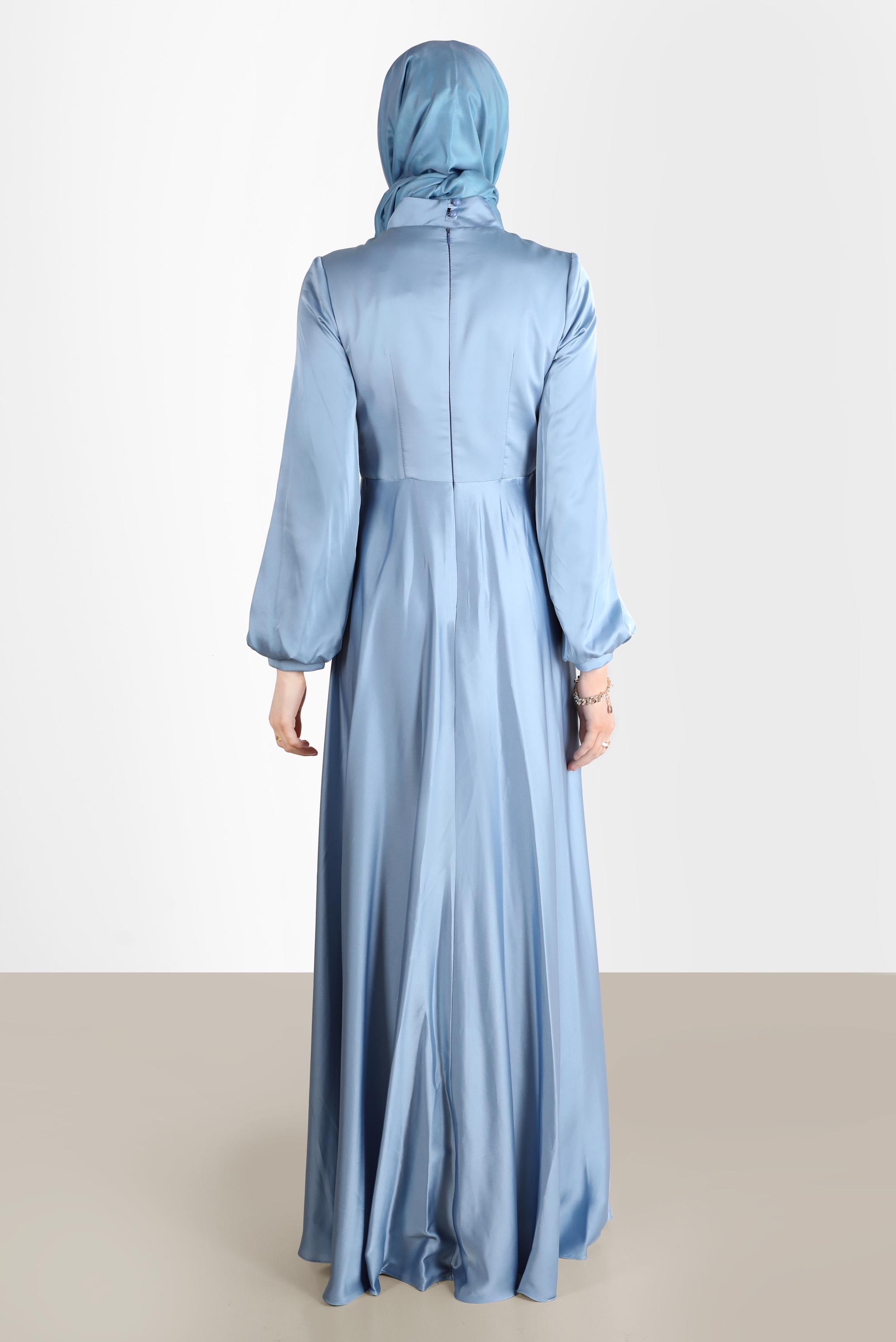 Tesettür giyim MAVİ YANDAN BÜZGÜLÜ SATEN ABİYE ELBİSE 50217	