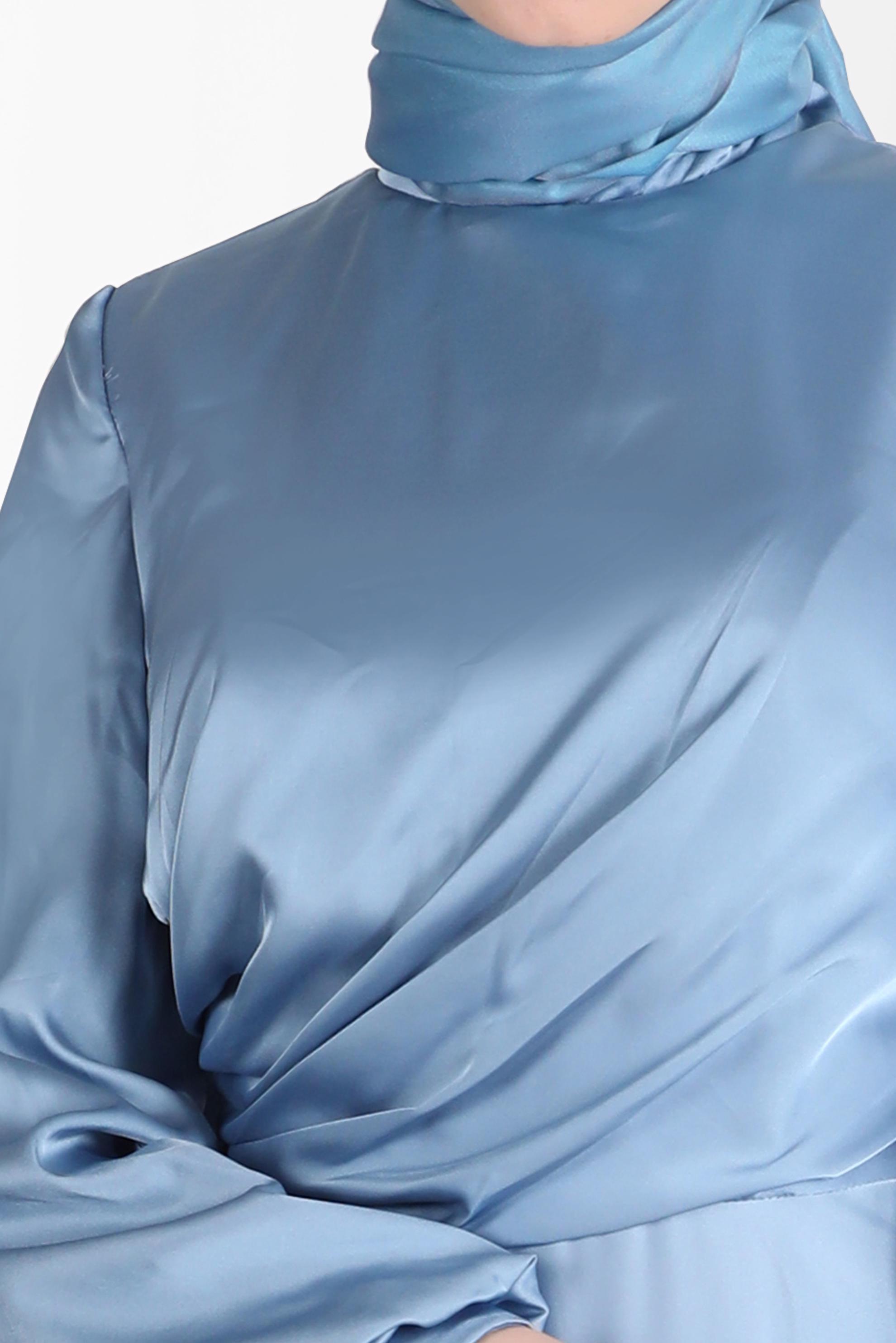 Tesettür giyim MAVİ YANDAN BÜZGÜLÜ SATEN ABİYE ELBİSE 50217	