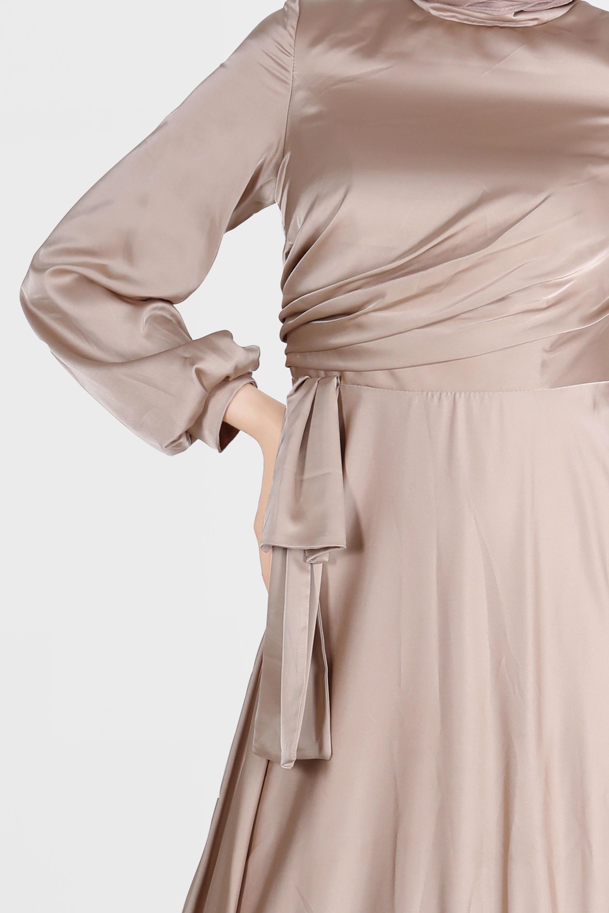 Tesettür giyim KAHVE YANDAN BÜZGÜLÜ SATEN ABİYE ELBİSE 50217	