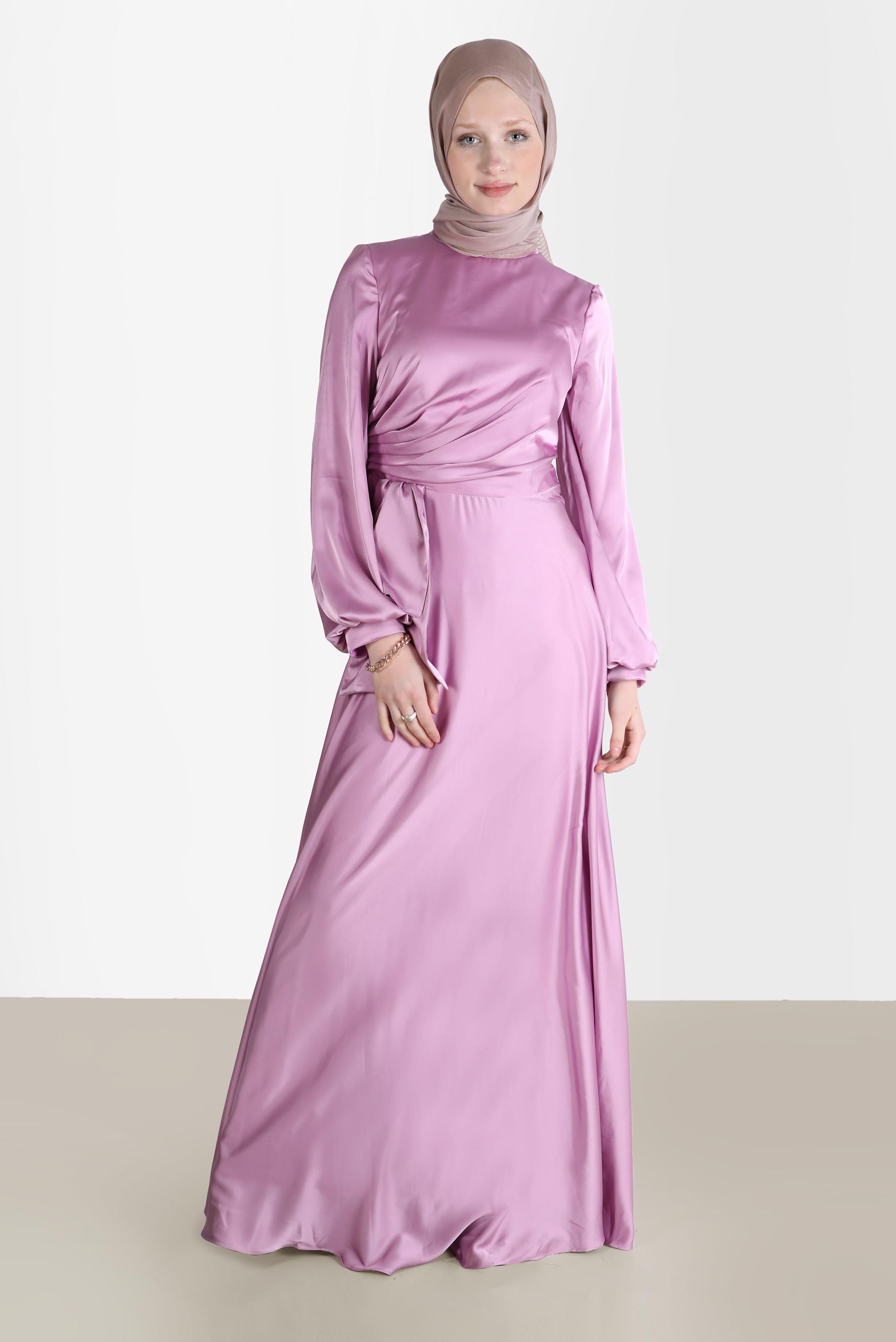 Tesettür giyim PEMBE YANDAN BÜZGÜLÜ SATEN ABİYE ELBİSE 50217	