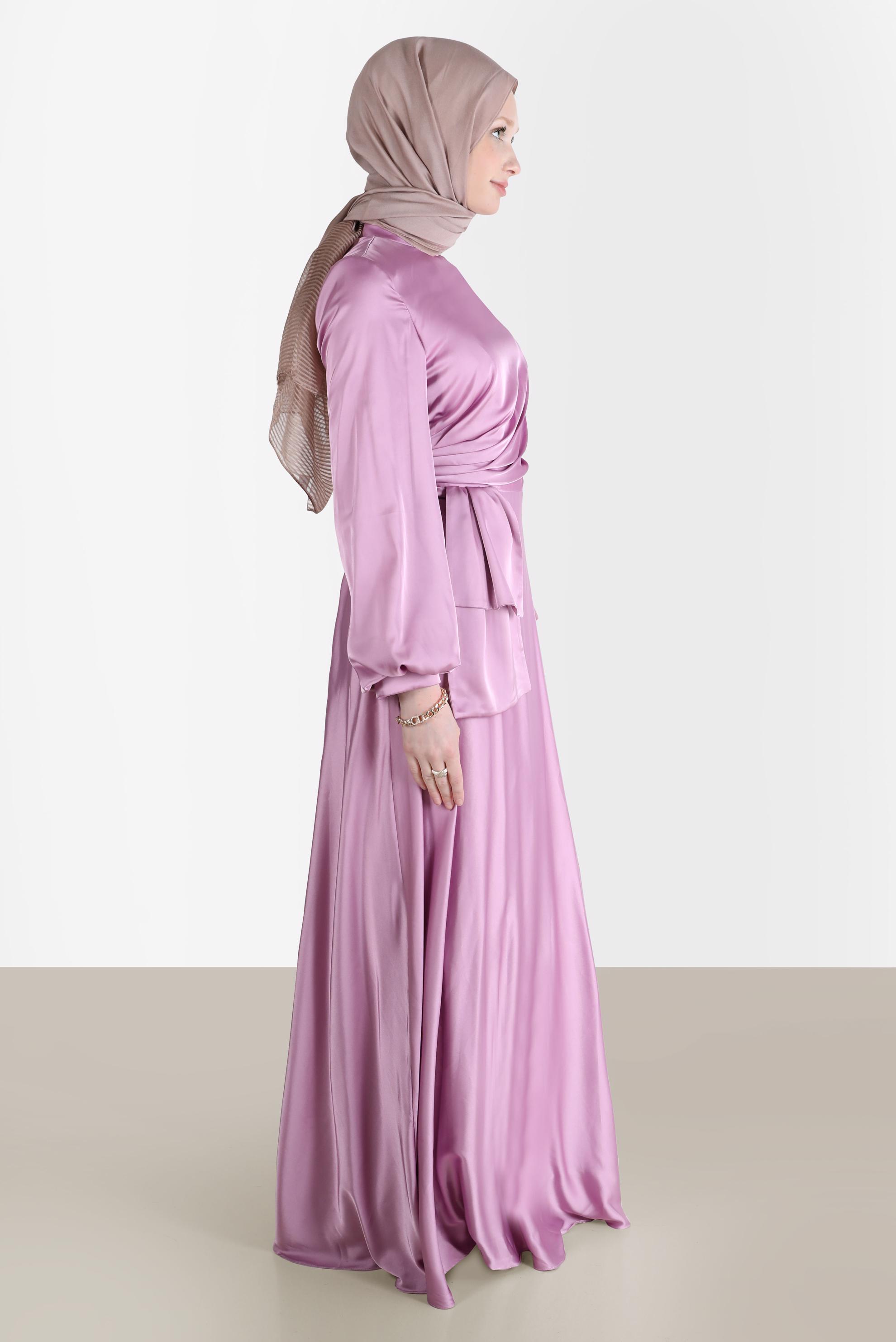 Tesettür giyim PEMBE YANDAN BÜZGÜLÜ SATEN ABİYE ELBİSE 50217	