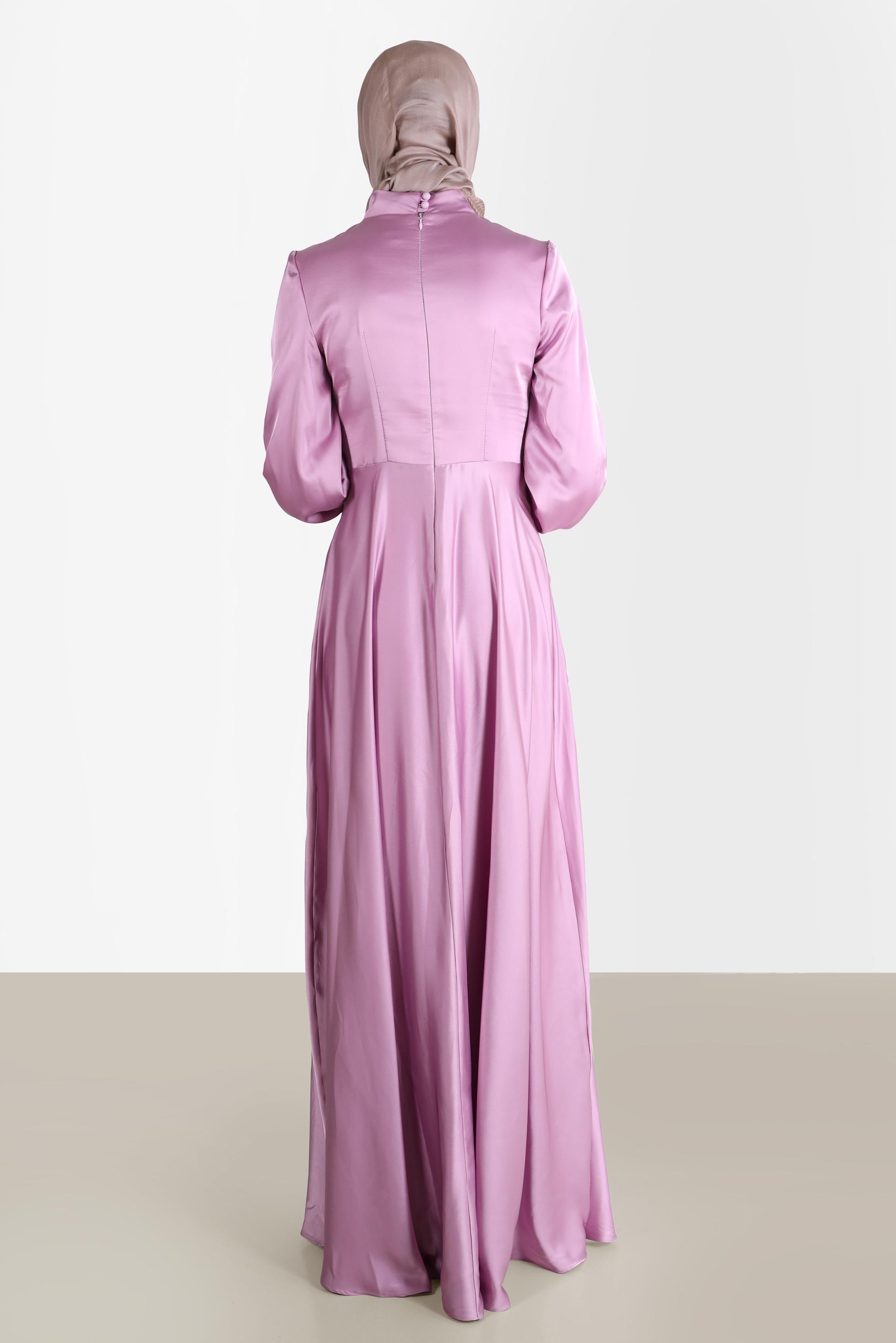 Tesettür giyim PEMBE YANDAN BÜZGÜLÜ SATEN ABİYE ELBİSE 50217	