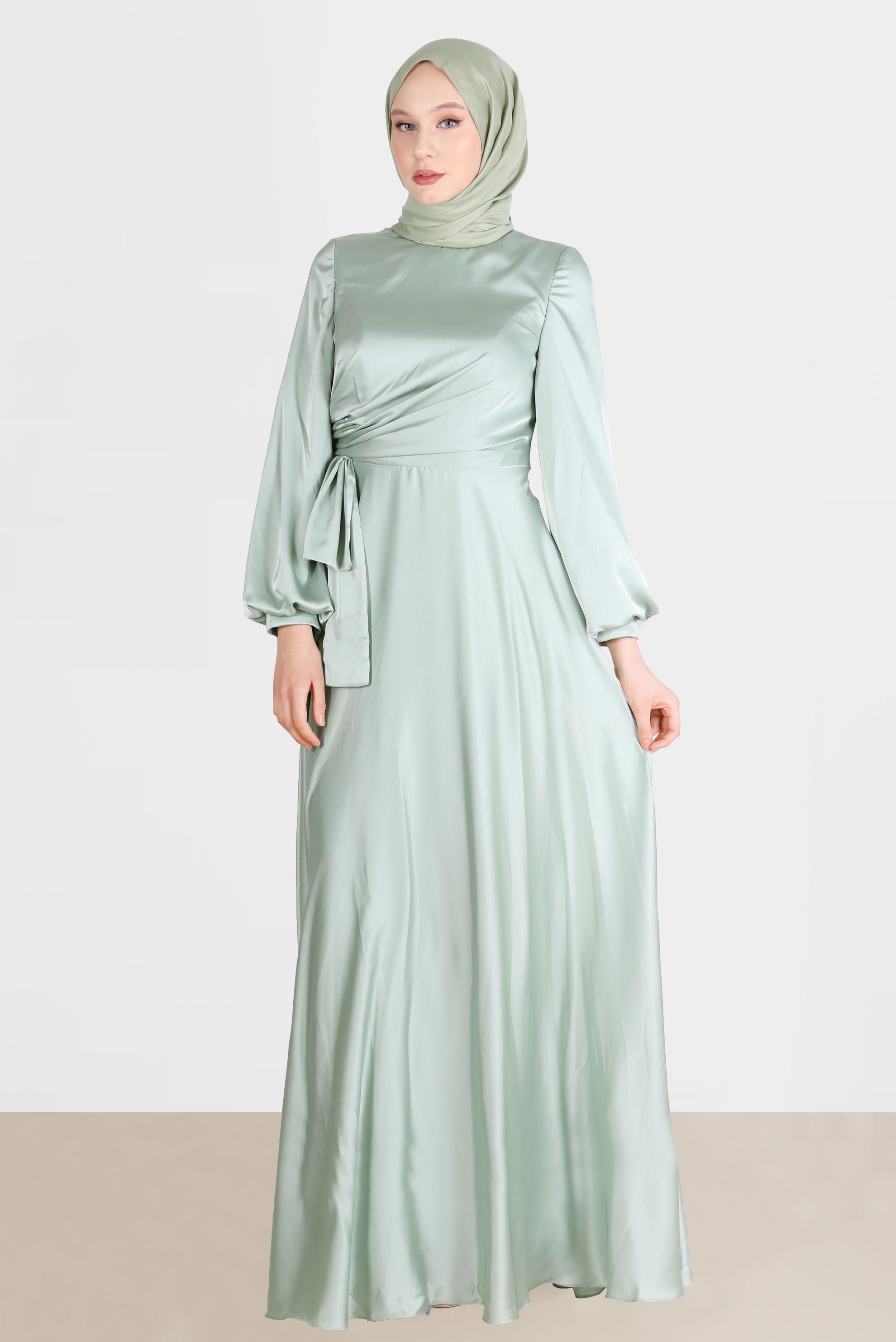 Tesettür giyim YEŞİL YANDAN BÜZGÜLÜ SATEN ABİYE ELBİSE 50217	
