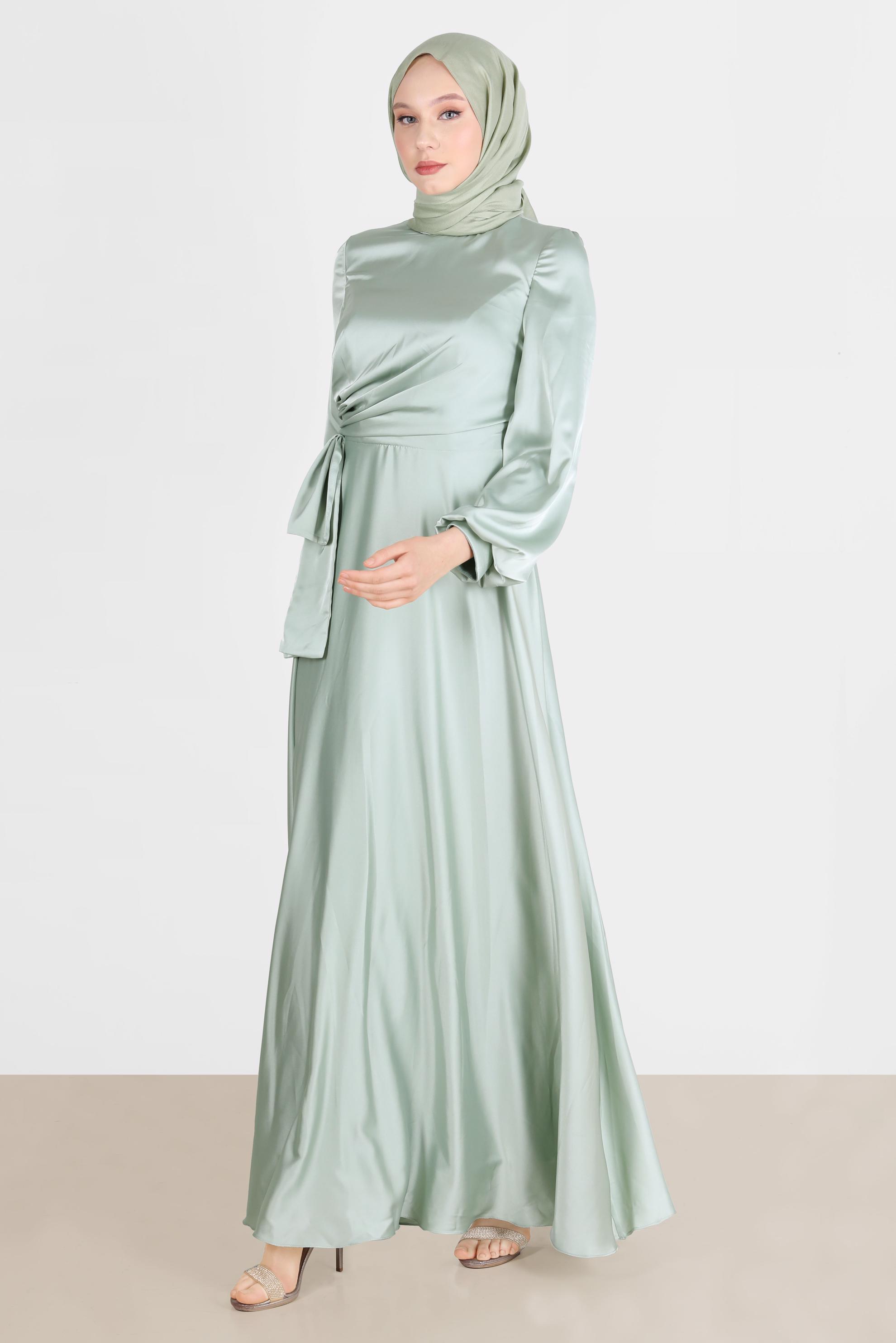 Tesettür giyim YEŞİL YANDAN BÜZGÜLÜ SATEN ABİYE ELBİSE 50217	