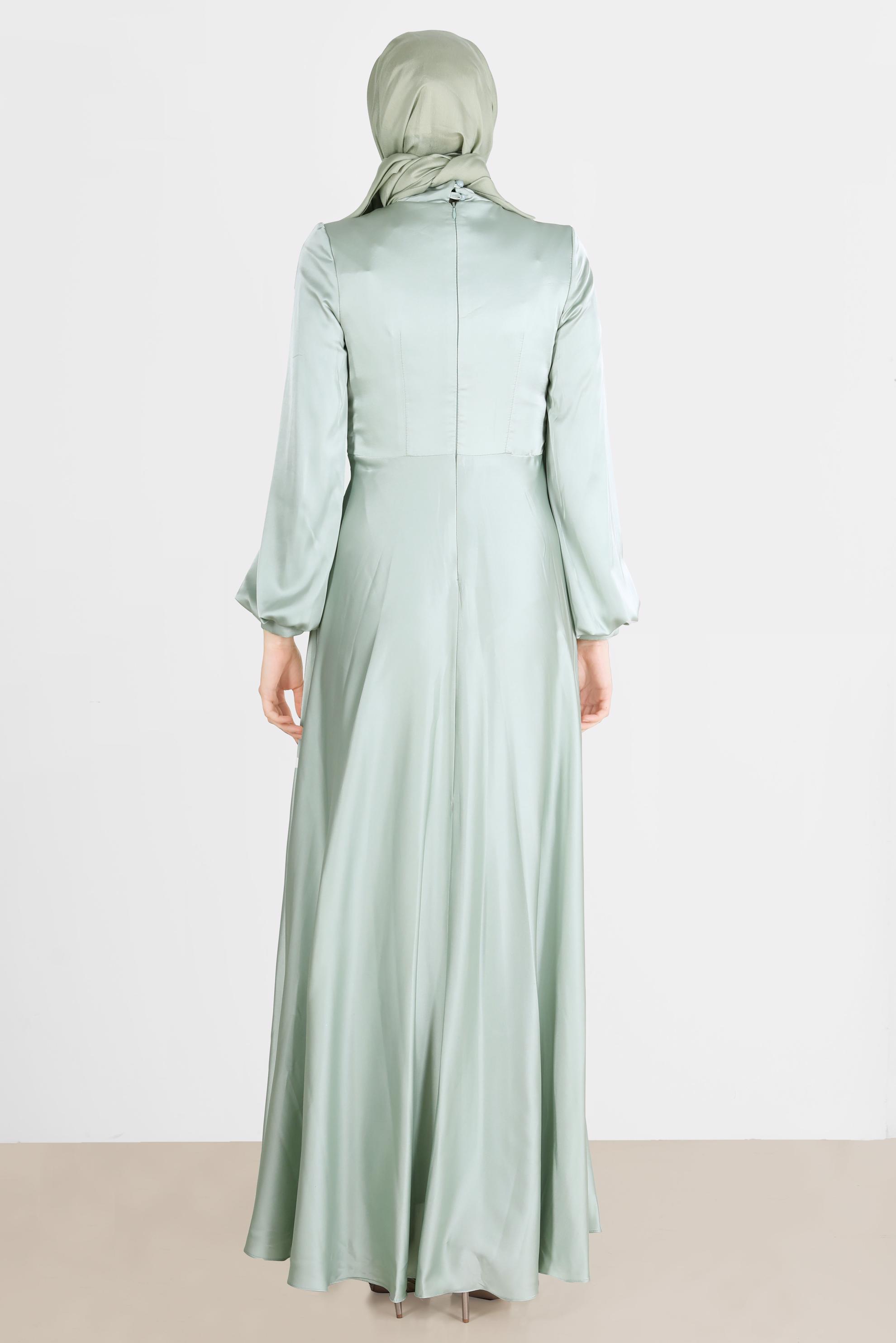 Tesettür giyim YEŞİL YANDAN BÜZGÜLÜ SATEN ABİYE ELBİSE 50217	