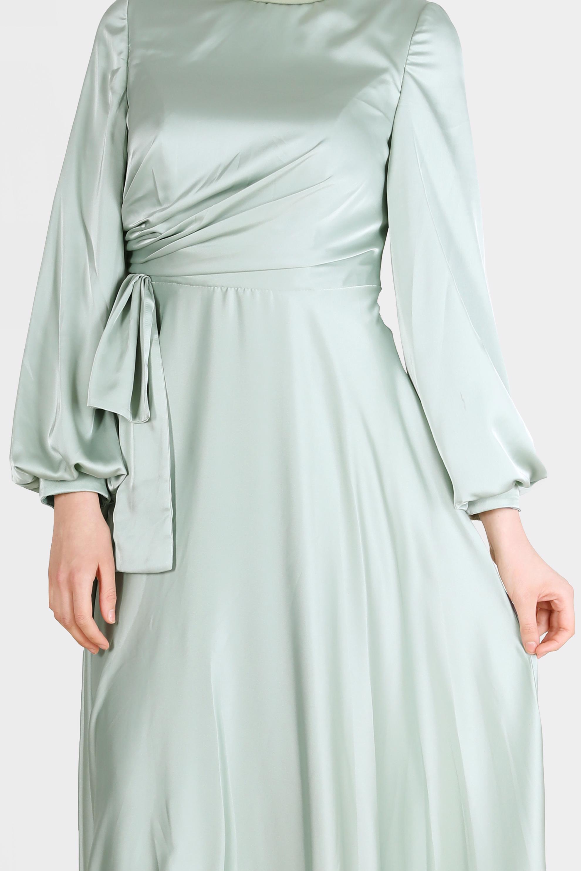 Tesettür giyim YEŞİL YANDAN BÜZGÜLÜ SATEN ABİYE ELBİSE 50217	