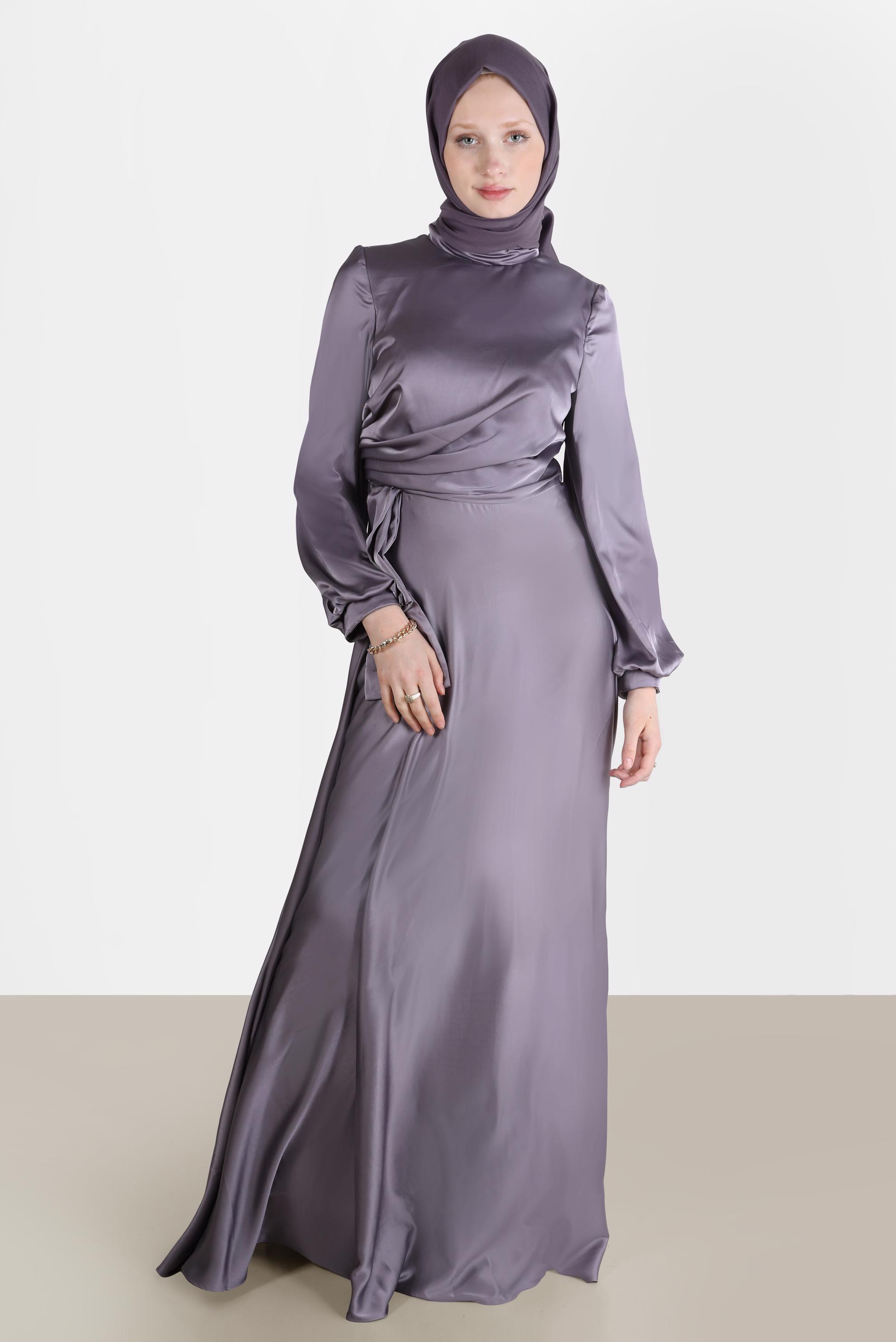 Tesettür giyim MÜRDÜM YANDAN BÜZGÜLÜ SATEN ABİYE ELBİSE 50217	