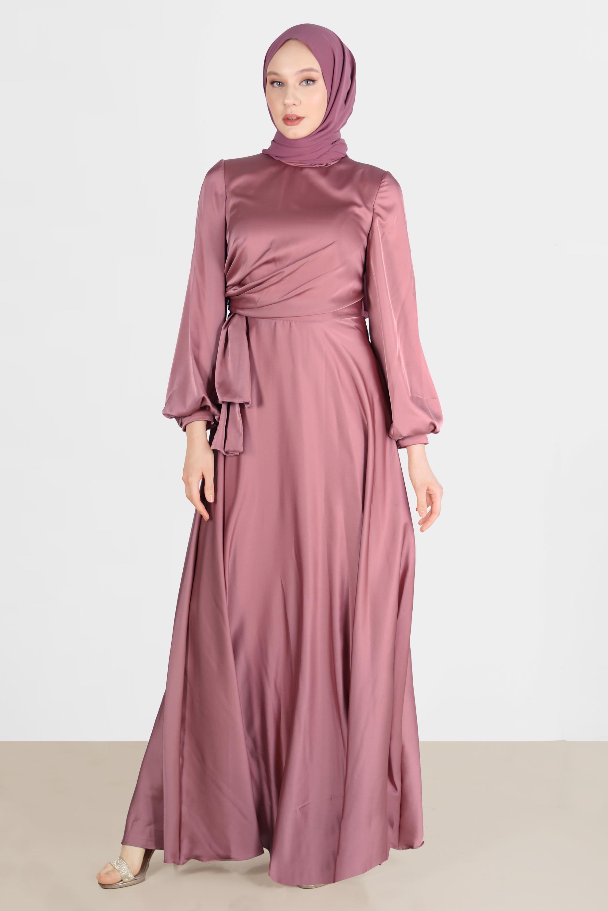 Tesettür giyim PEMBE YANDAN BÜZGÜLÜ SATEN ABİYE ELBİSE 50217	