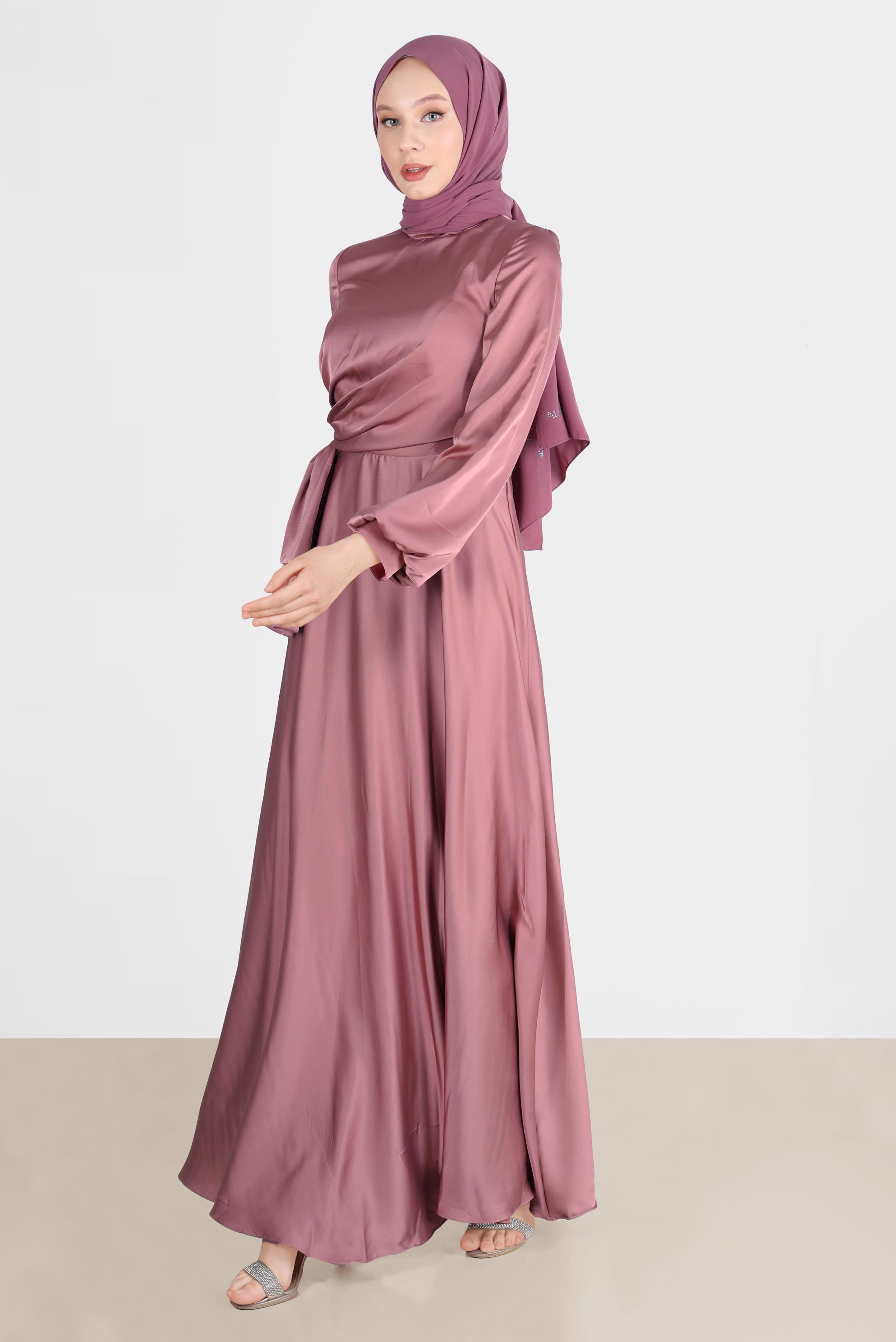 Tesettür giyim PEMBE YANDAN BÜZGÜLÜ SATEN ABİYE ELBİSE 50217	