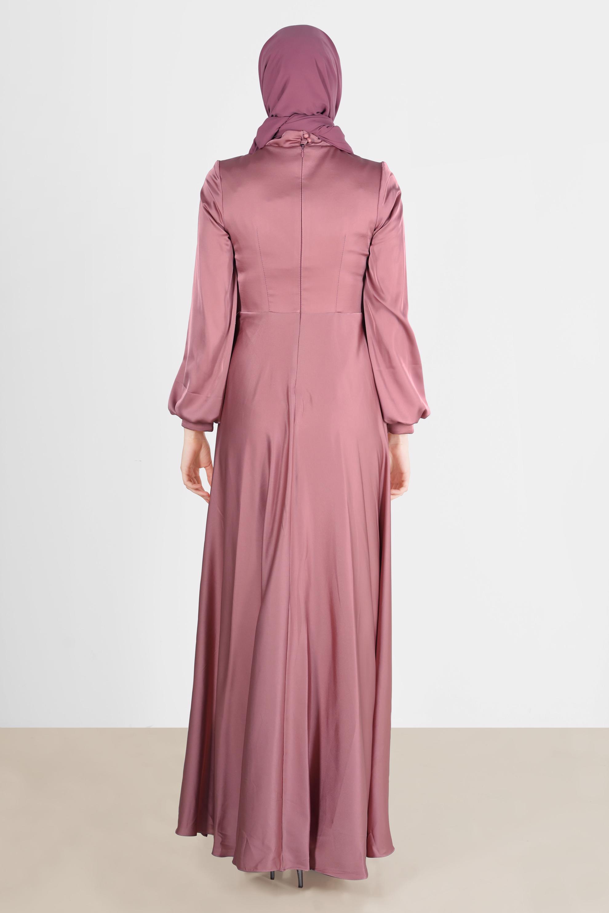 Tesettür giyim PEMBE YANDAN BÜZGÜLÜ SATEN ABİYE ELBİSE 50217	