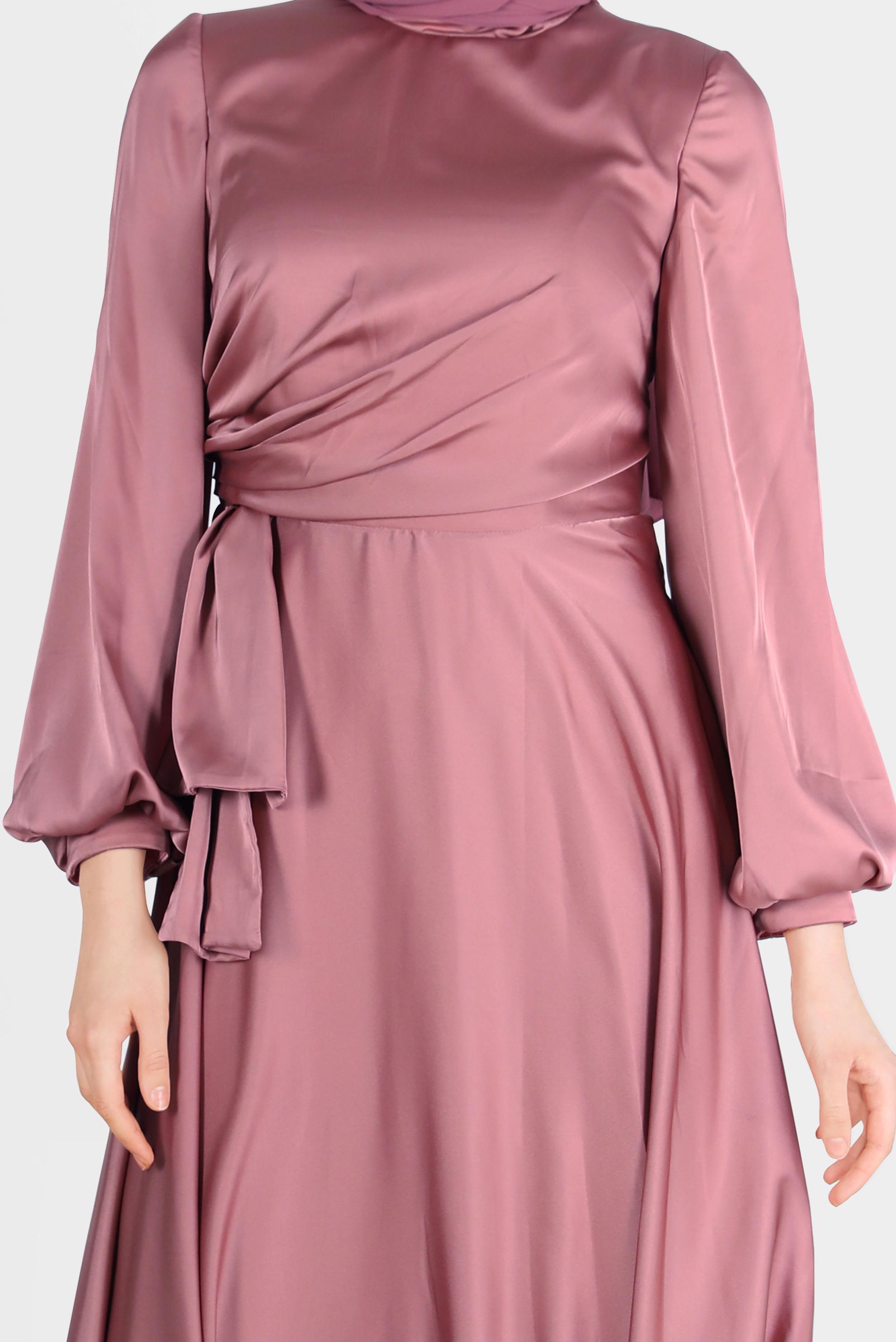 Tesettür giyim PEMBE YANDAN BÜZGÜLÜ SATEN ABİYE ELBİSE 50217	