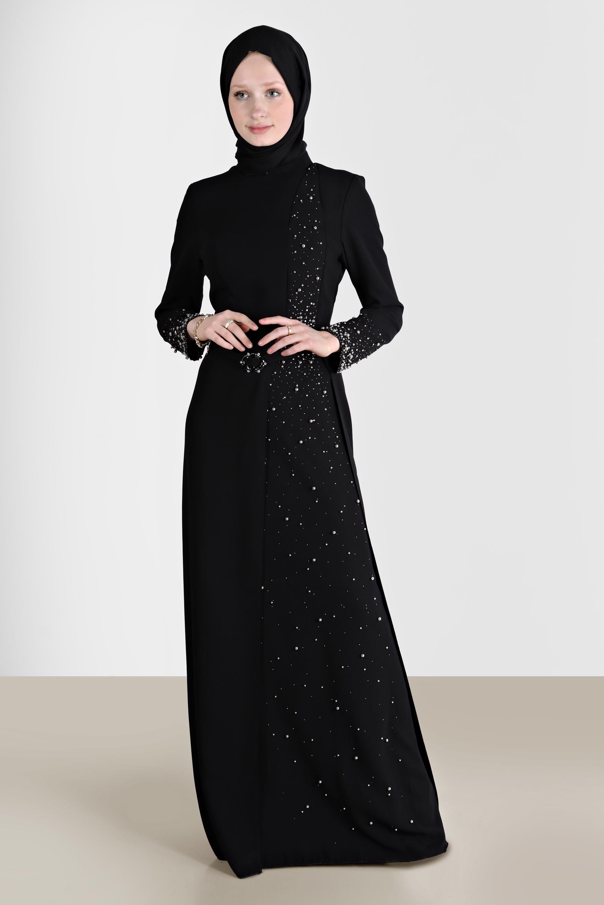 Tesettür giyim SİYAH TAŞ VE BONCUK DETAYLI KEMERLİ ELBİSE 50220 