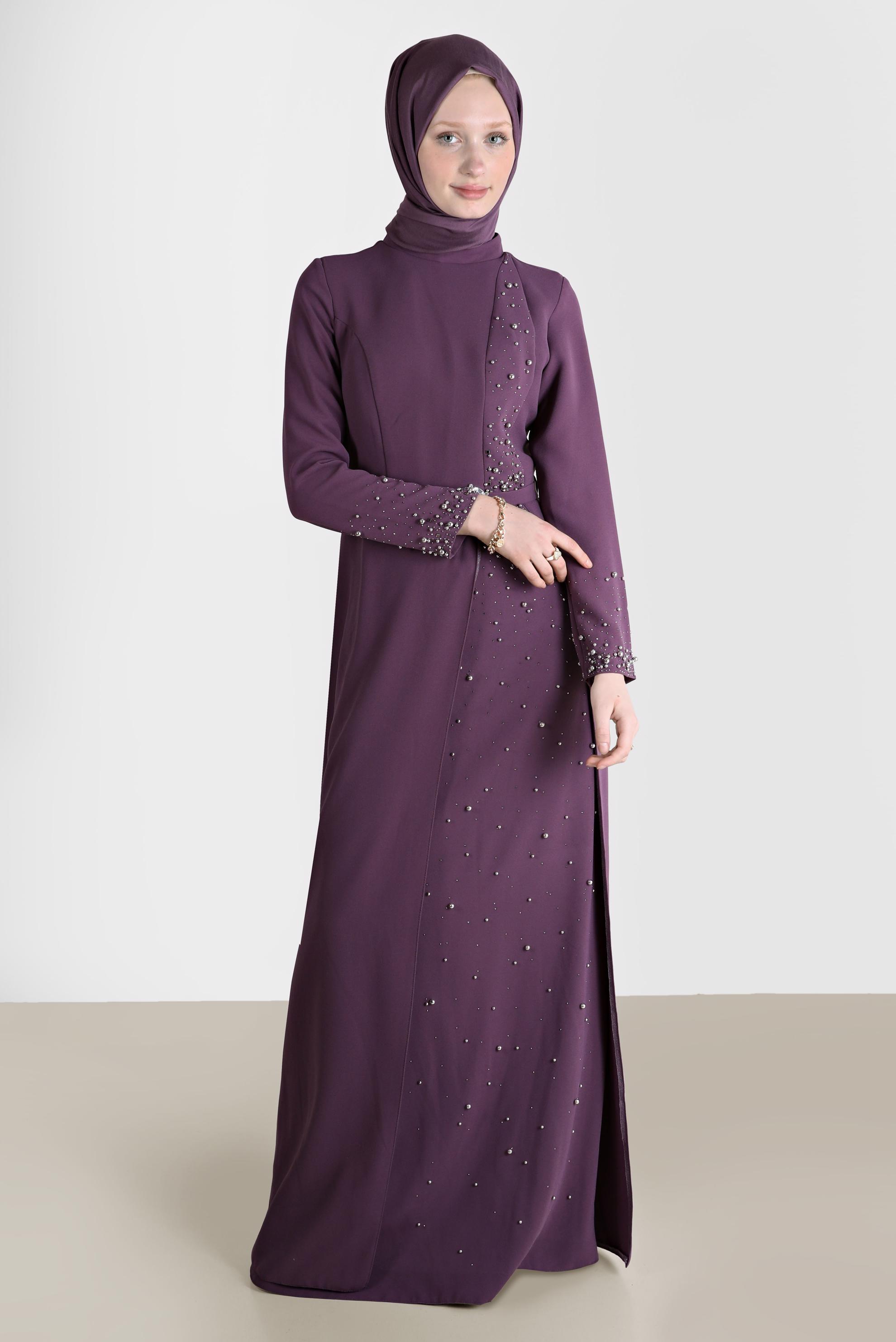 Vêtements hijab POURPRE ROBE À CEINTURE AVEC PIERRES ET PERLES 50220