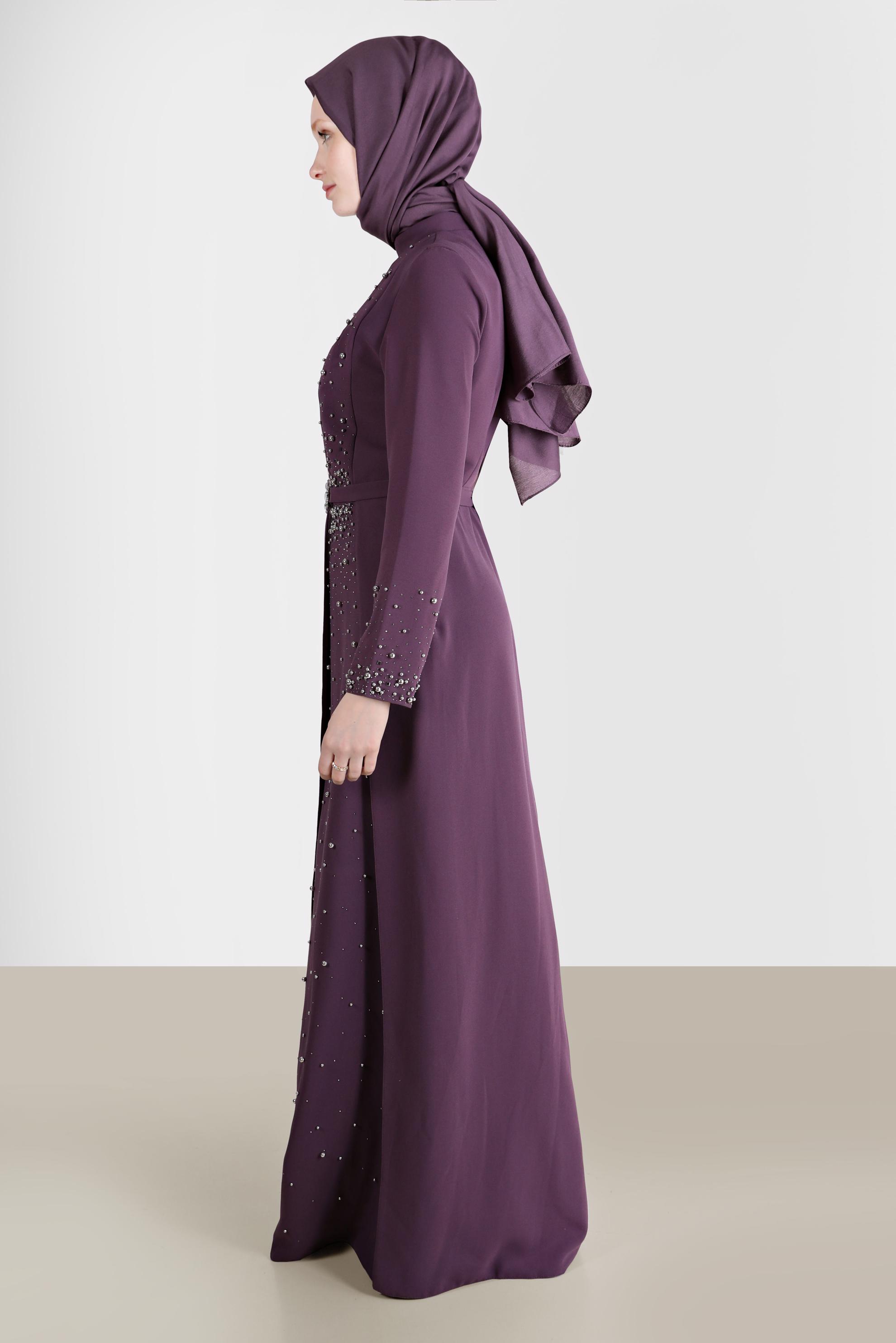 Vêtements hijab POURPRE ROBE À CEINTURE AVEC PIERRES ET PERLES 50220
