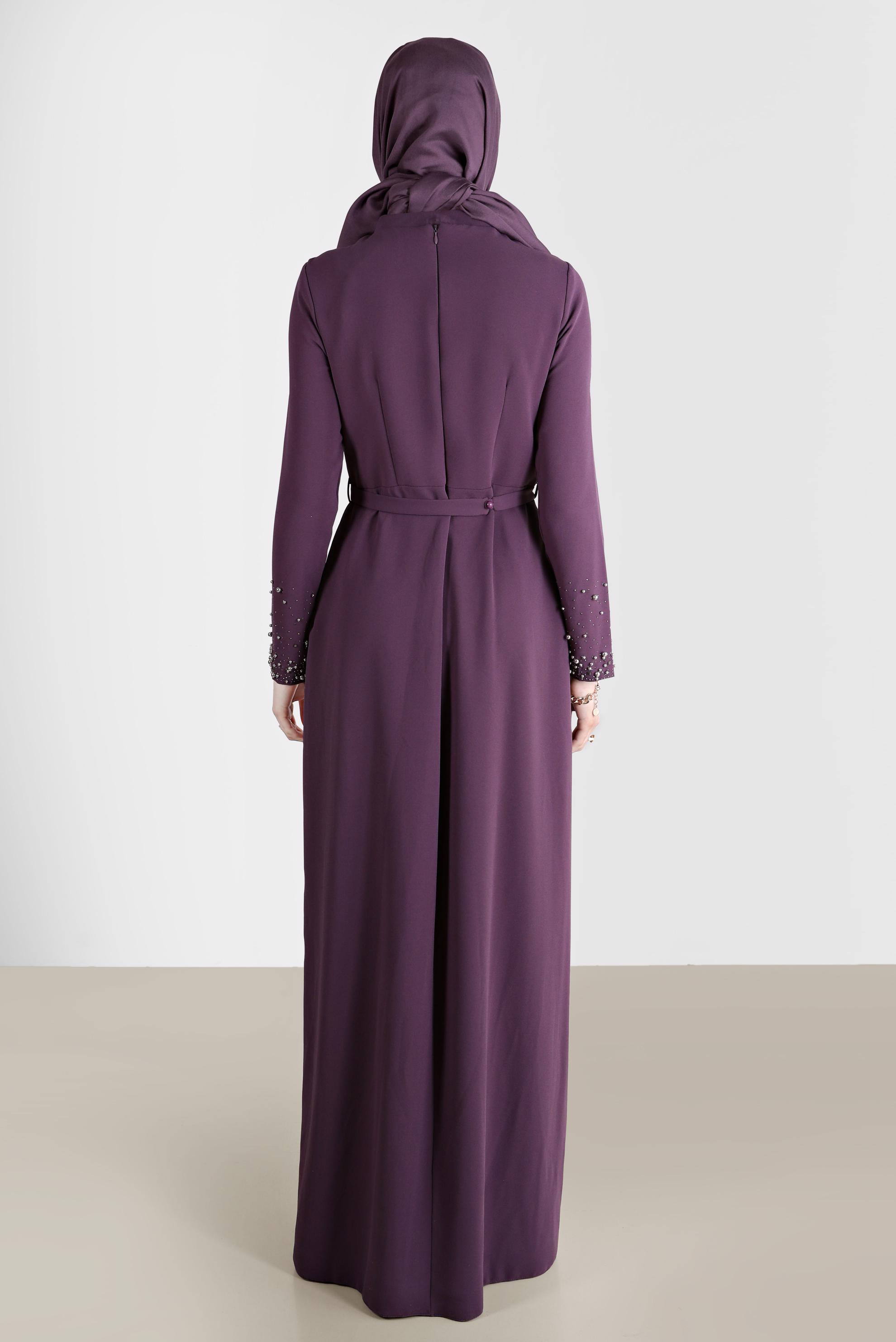 Vêtements hijab POURPRE ROBE À CEINTURE AVEC PIERRES ET PERLES 50220