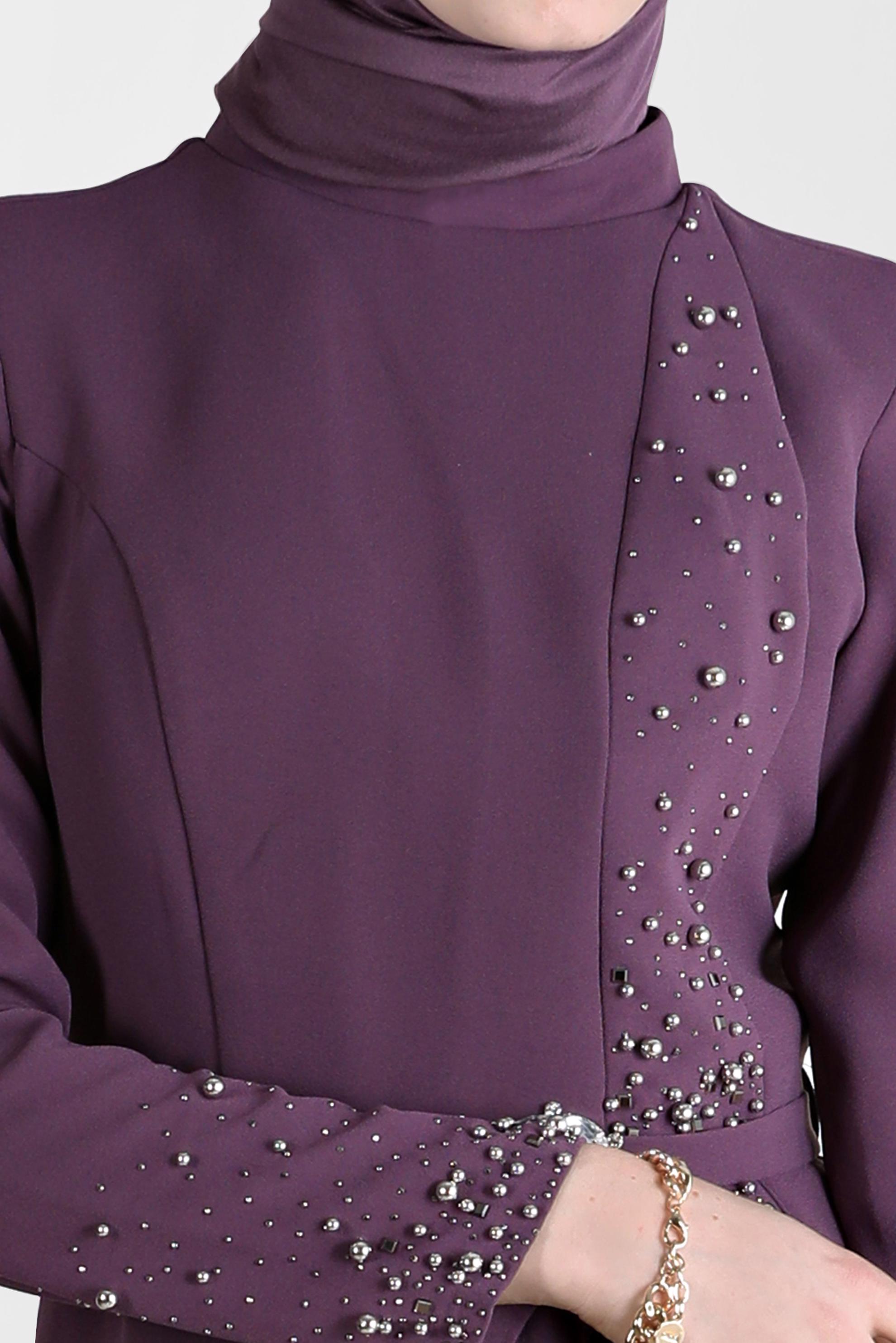 Vêtements hijab POURPRE ROBE À CEINTURE AVEC PIERRES ET PERLES 50220