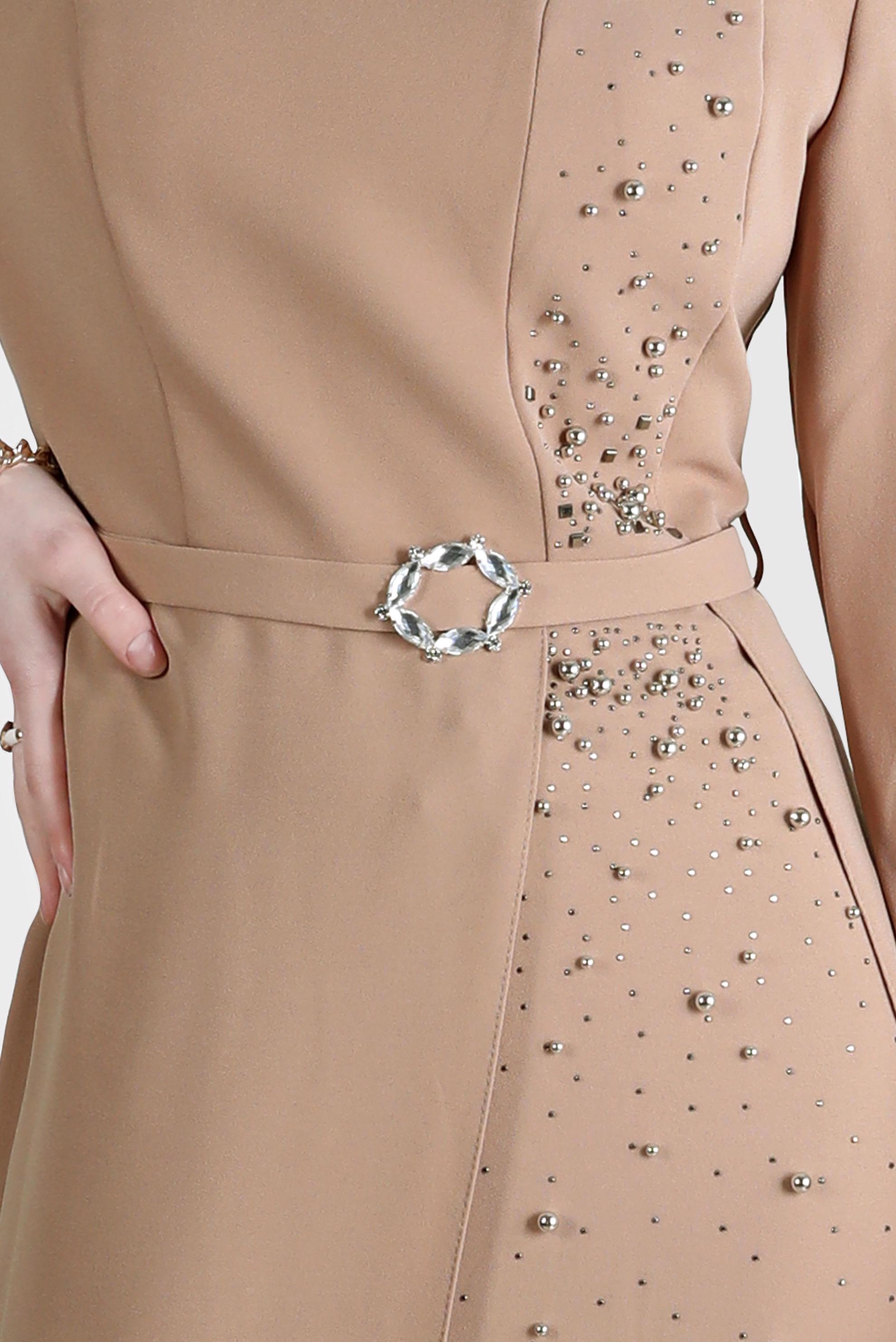 Tesettür giyim KAHVE TAŞ VE BONCUK DETAYLI KEMERLİ ELBİSE 50220 