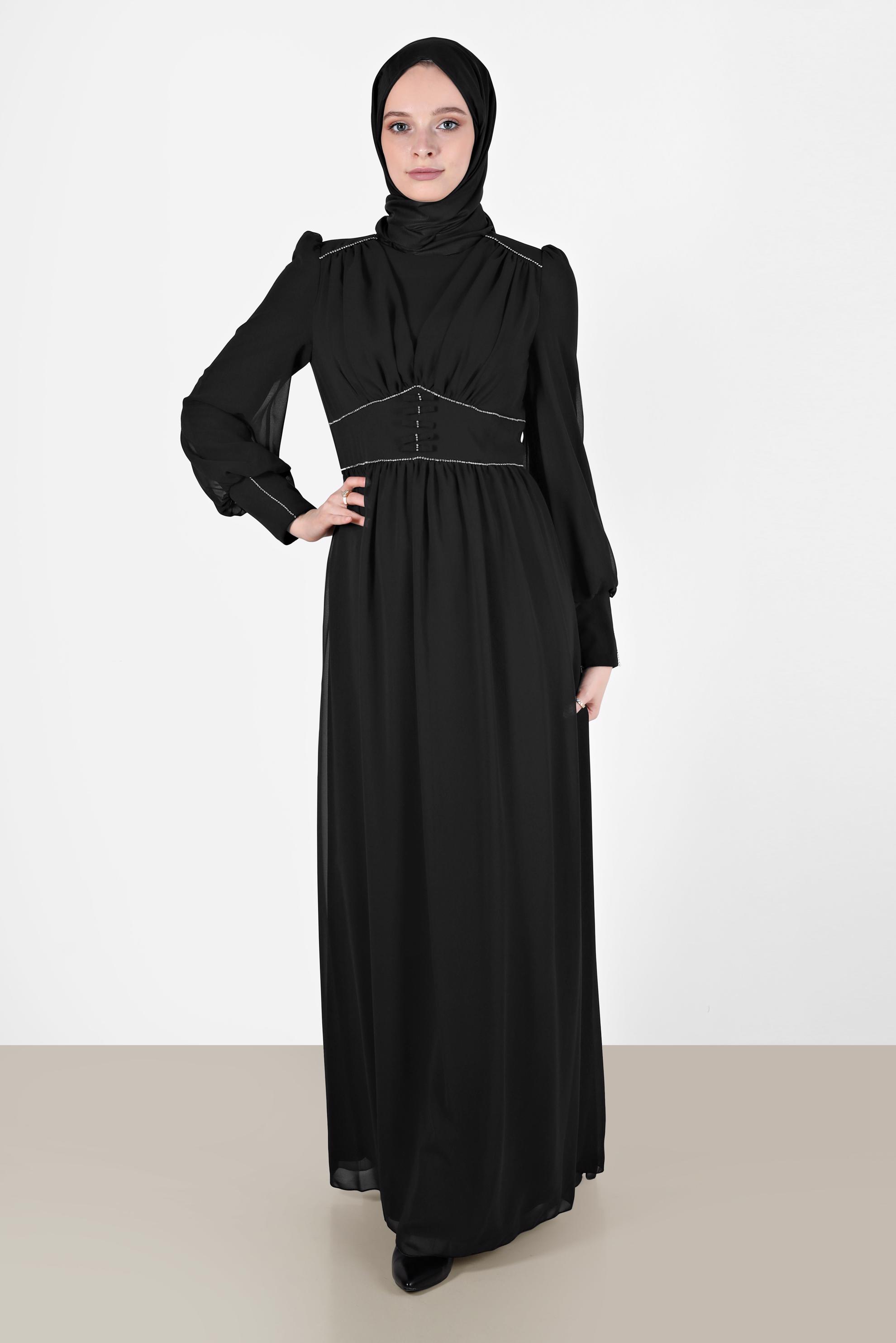 Tesettür giyim SİYAH TAŞ DETAYLI ŞİFON ABİYE 50221