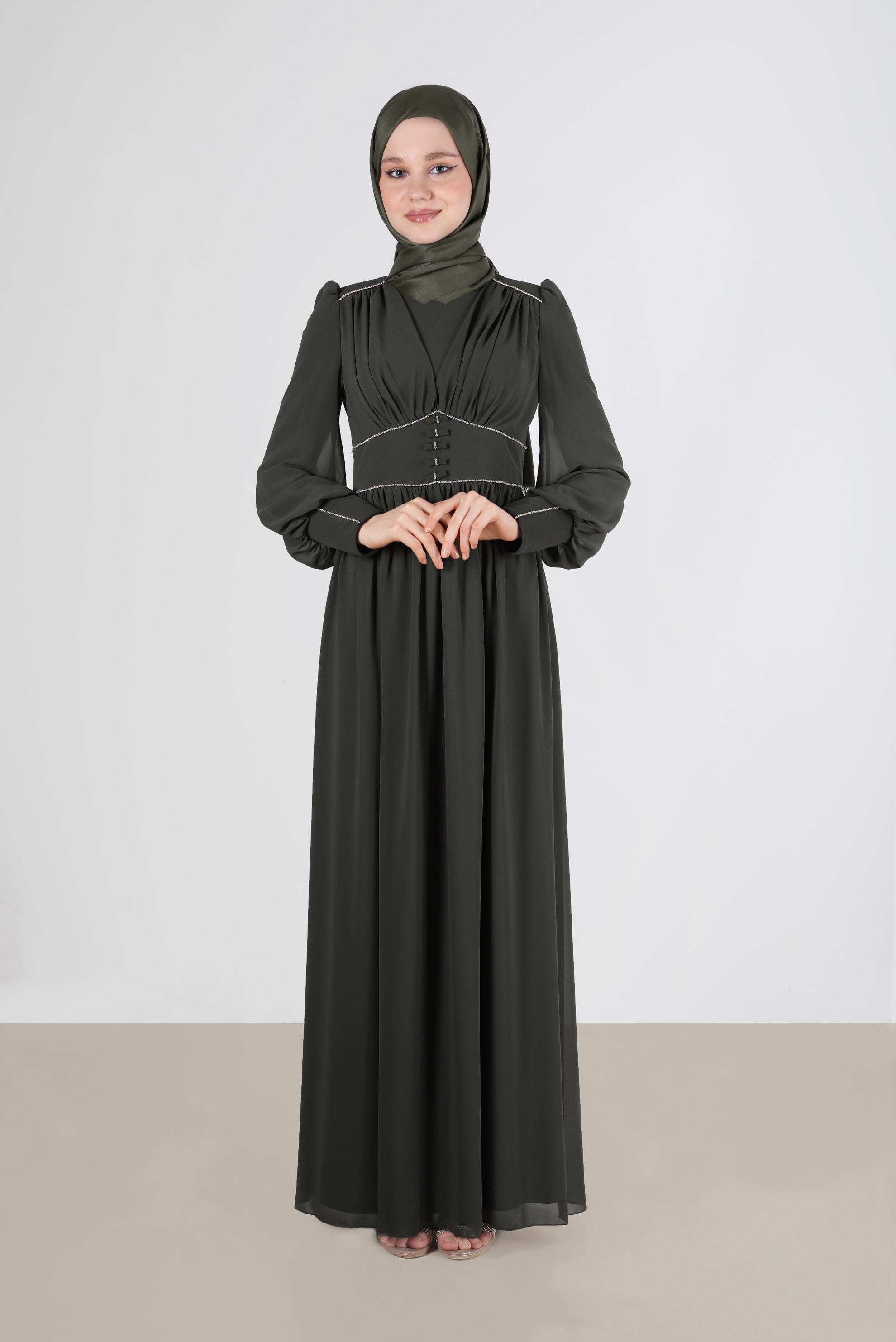 Tesettür giyim HAKİ TAŞ DETAYLI ŞİFON ABİYE 50221