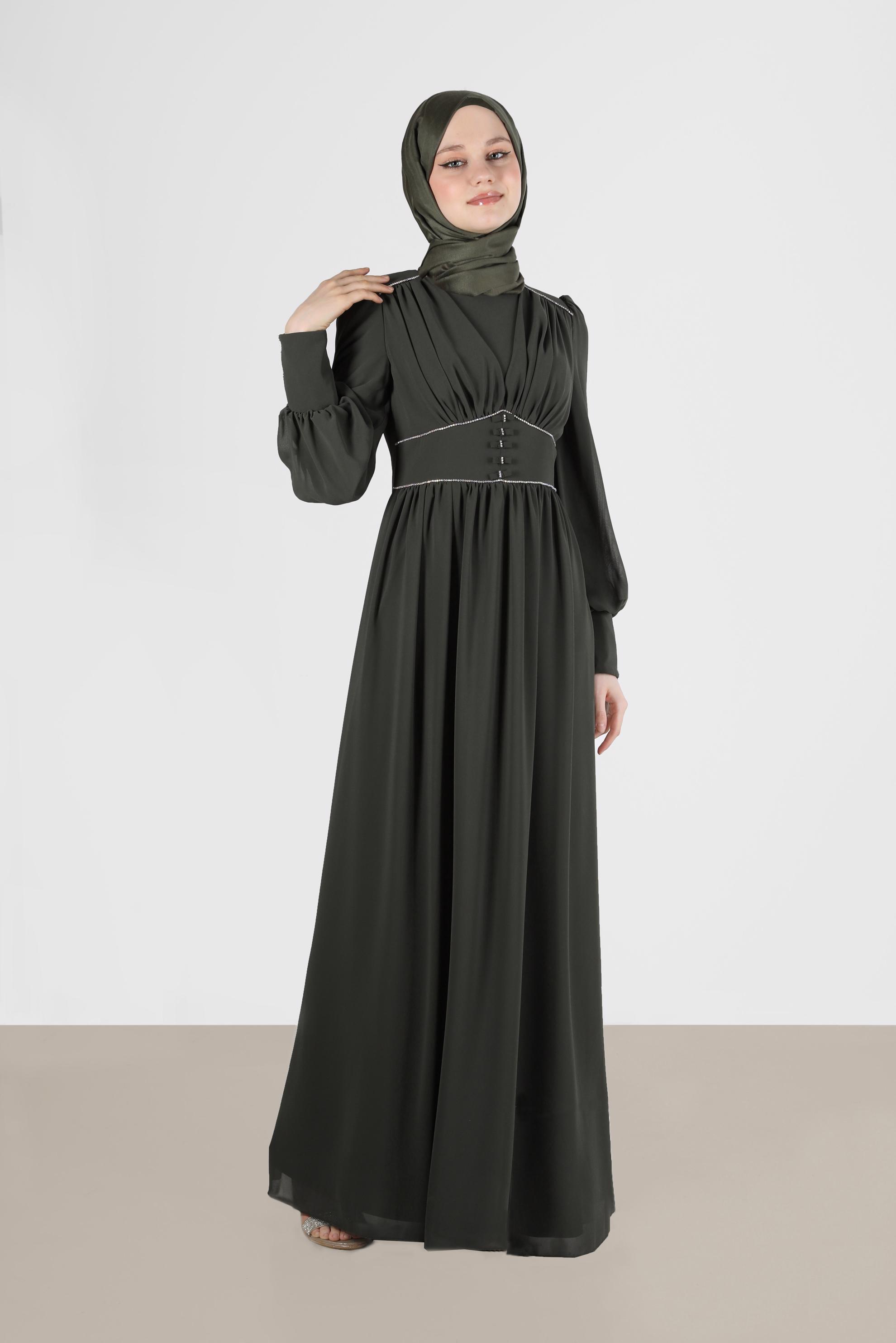 Tesettür giyim HAKİ TAŞ DETAYLI ŞİFON ABİYE 50221