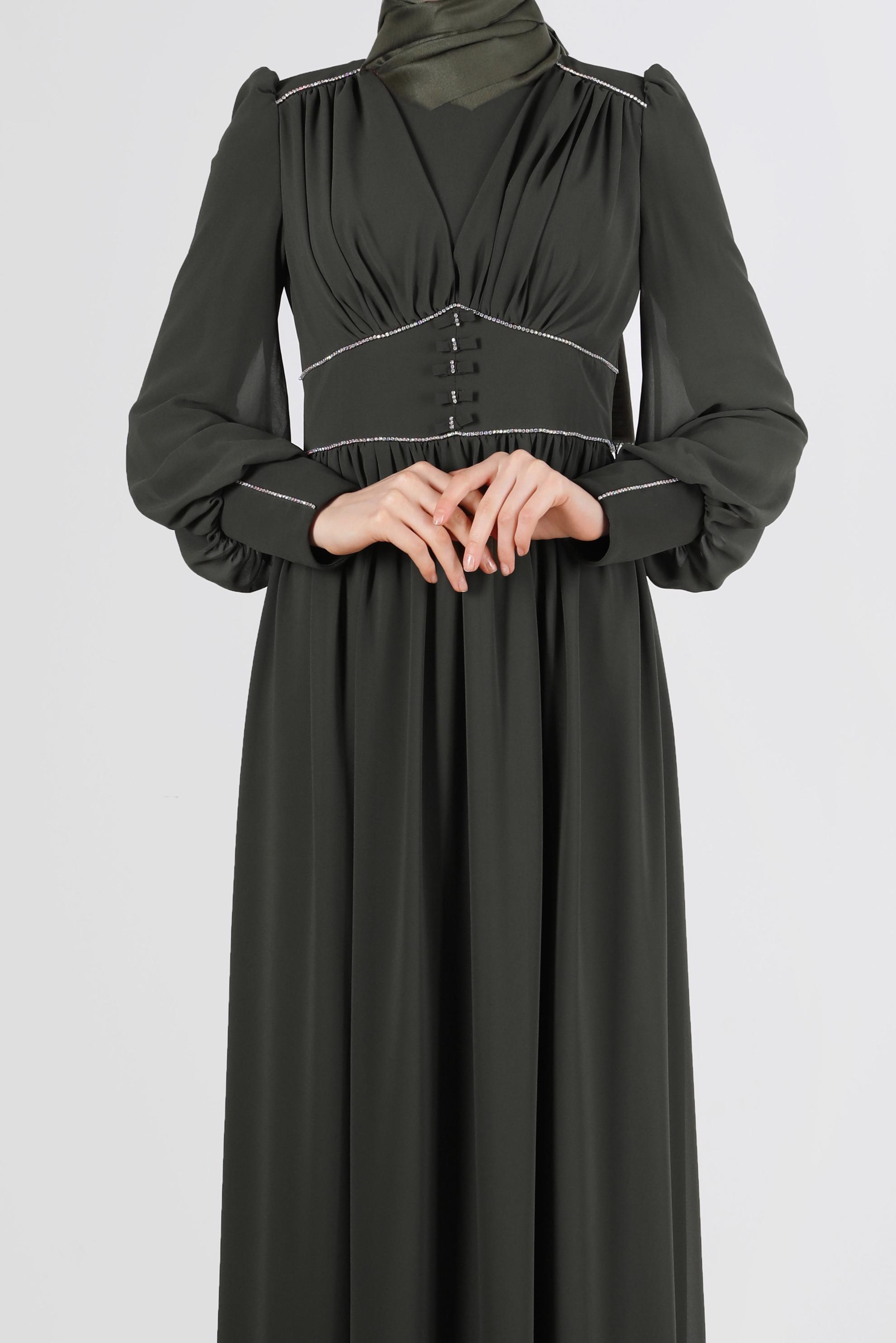 Tesettür giyim HAKİ TAŞ DETAYLI ŞİFON ABİYE 50221