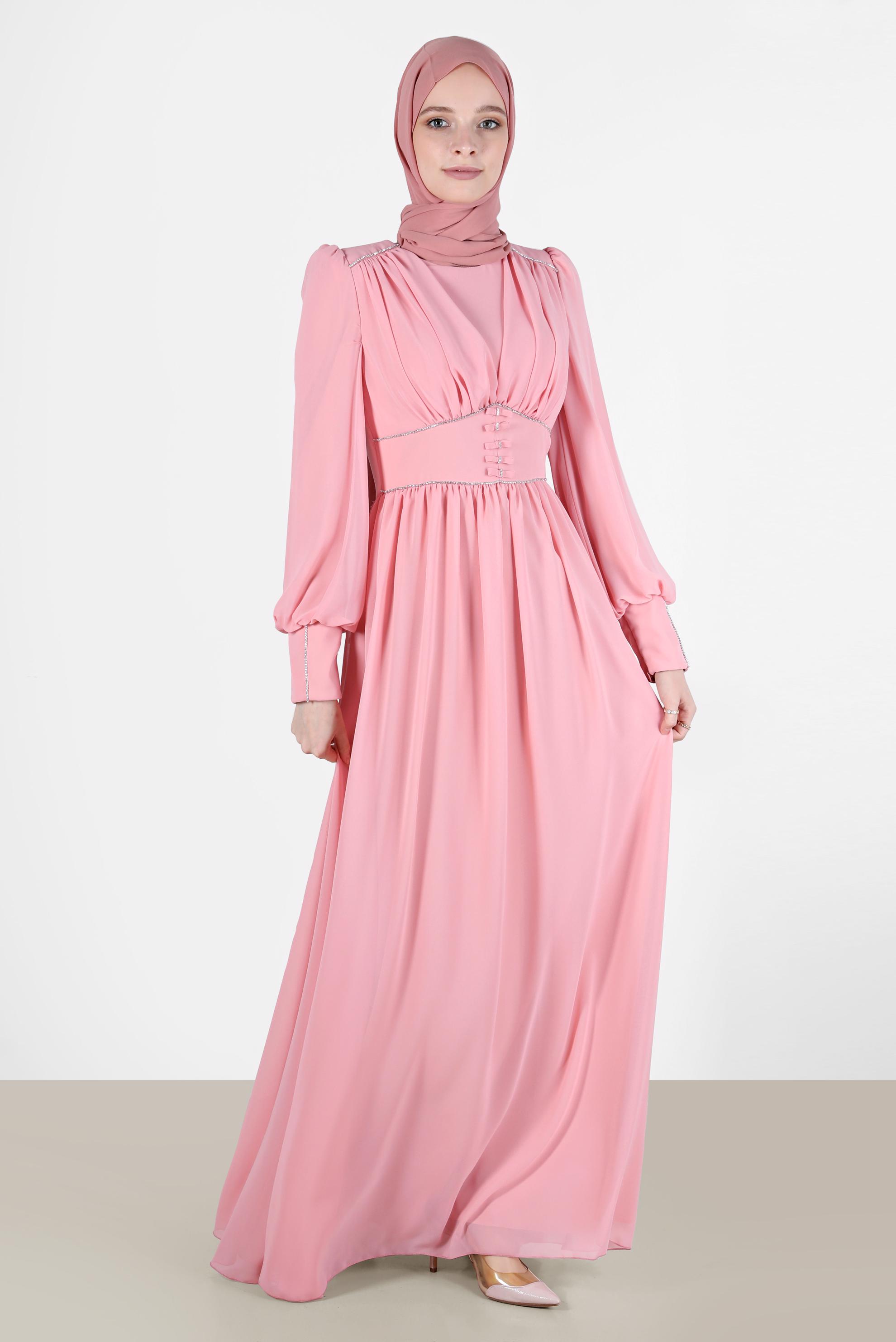 Tesettür giyim PUDRA TAŞ DETAYLI ŞİFON ABİYE 50221
