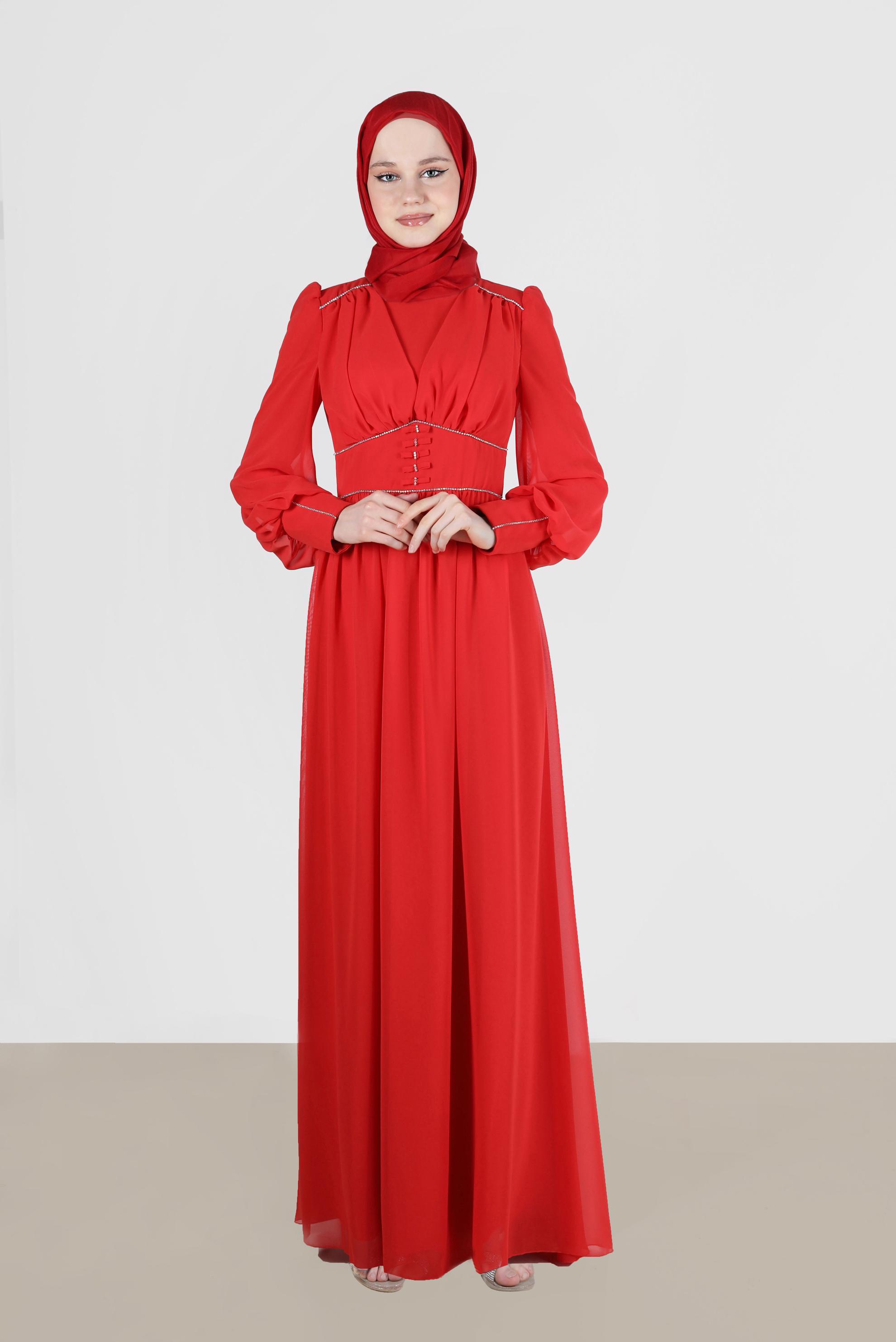 Tesettür giyim KIRMIZI TAŞ DETAYLI ŞİFON ABİYE 50221