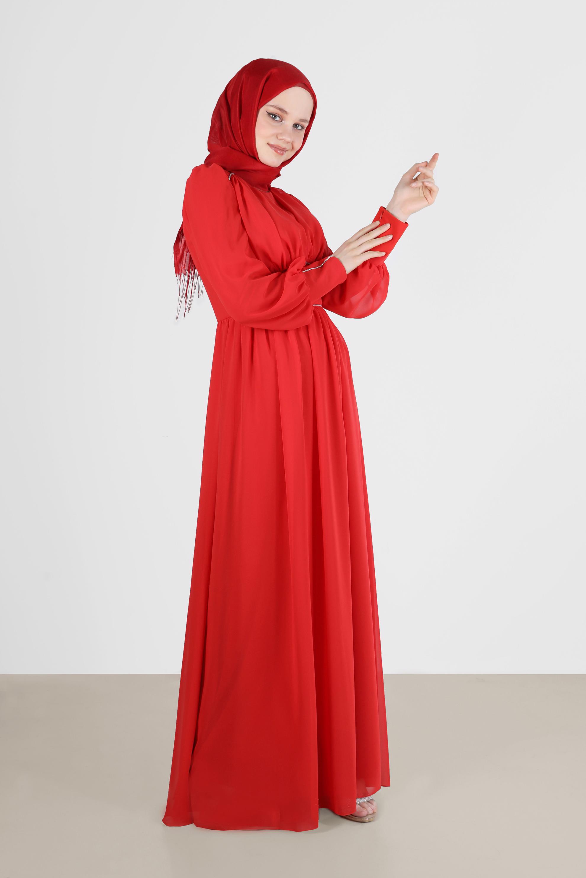 Tesettür giyim KIRMIZI TAŞ DETAYLI ŞİFON ABİYE 50221