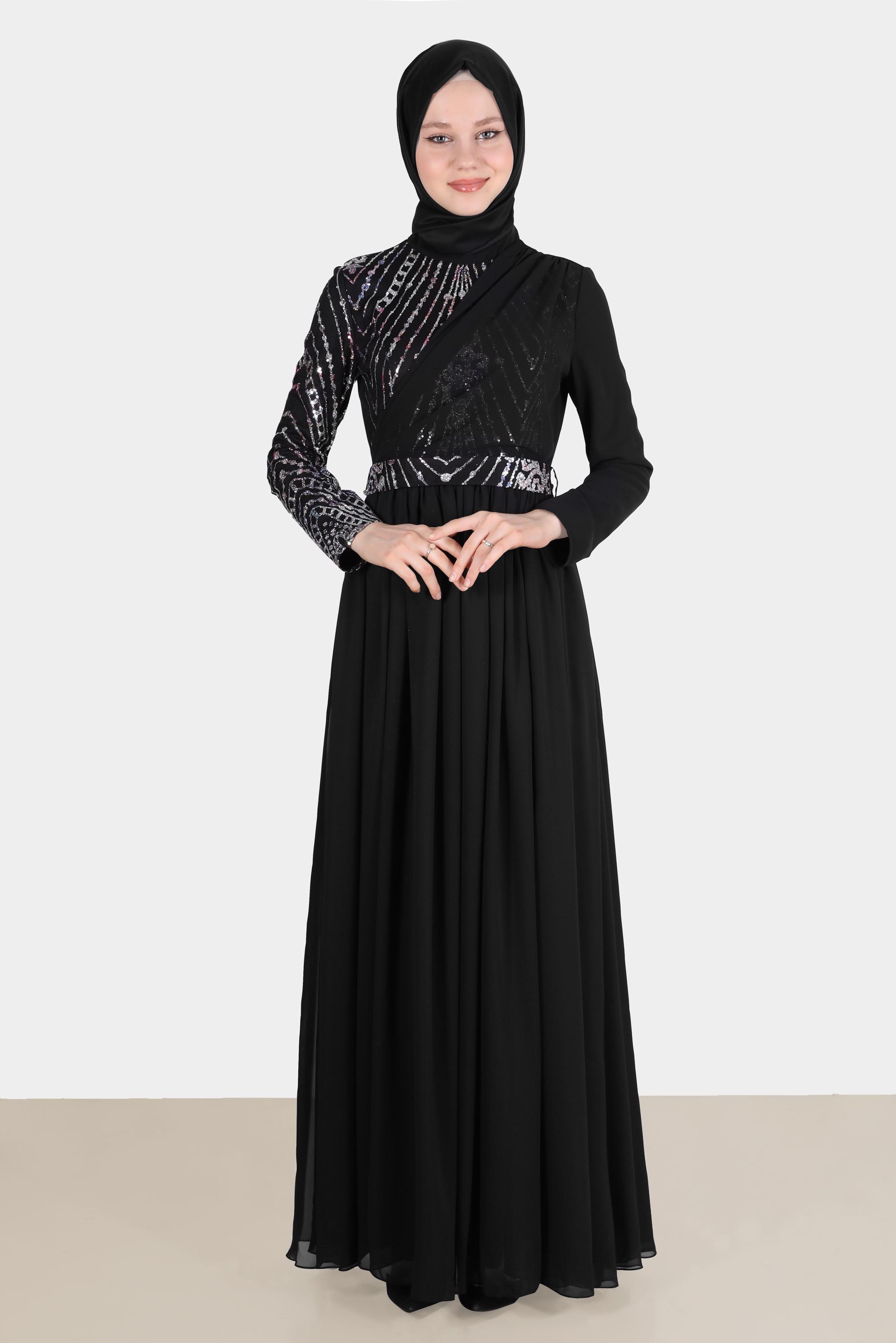 Tesettür giyim FUŞYA TAŞ DETAYLI KUŞAKLI ABİYE ELBİSE 50222 