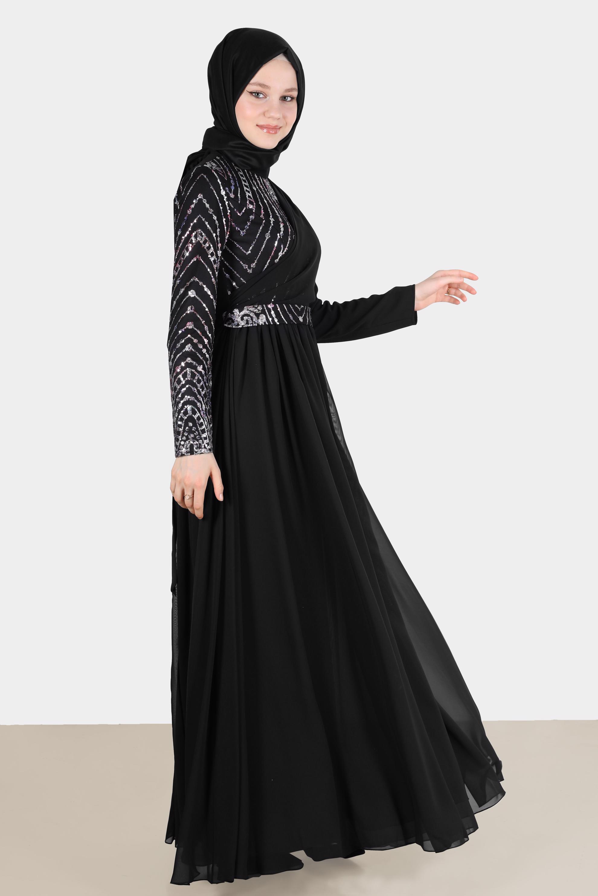 Tesettür giyim FUŞYA TAŞ DETAYLI KUŞAKLI ABİYE ELBİSE 50222 