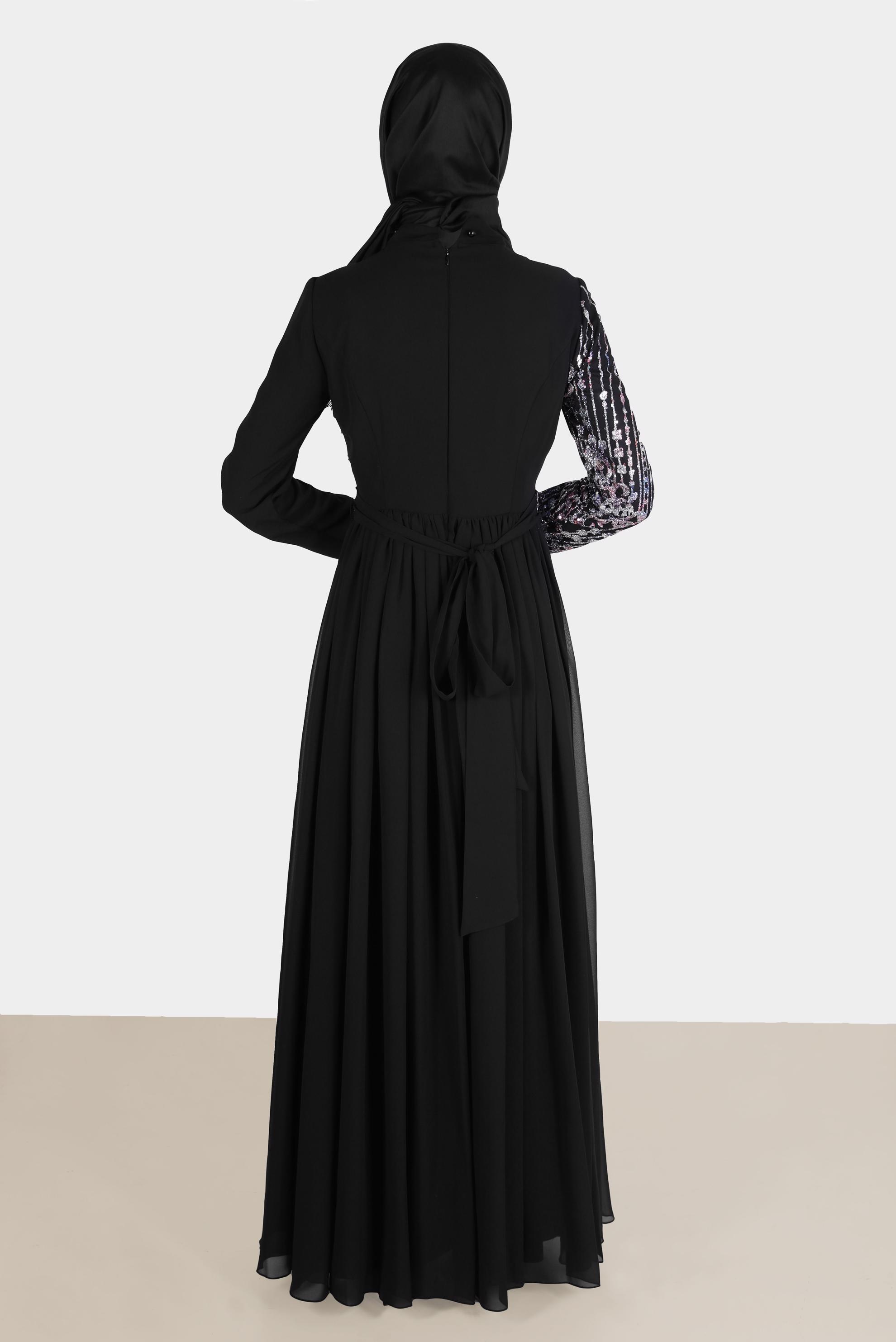 Tesettür giyim FUŞYA TAŞ DETAYLI KUŞAKLI ABİYE ELBİSE 50222 