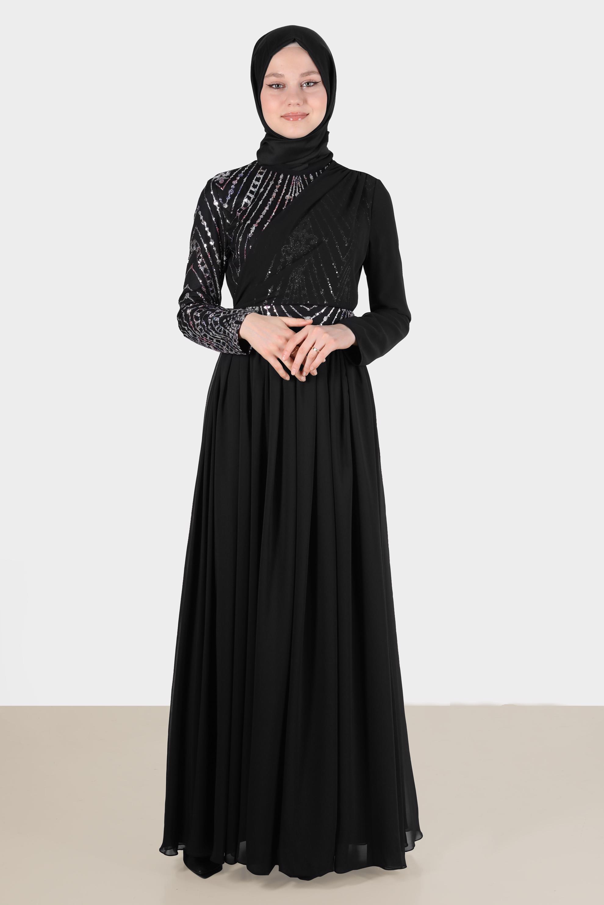 Tesettür giyim PUDRA TAŞ DETAYLI KUŞAKLI ABİYE ELBİSE 50222 