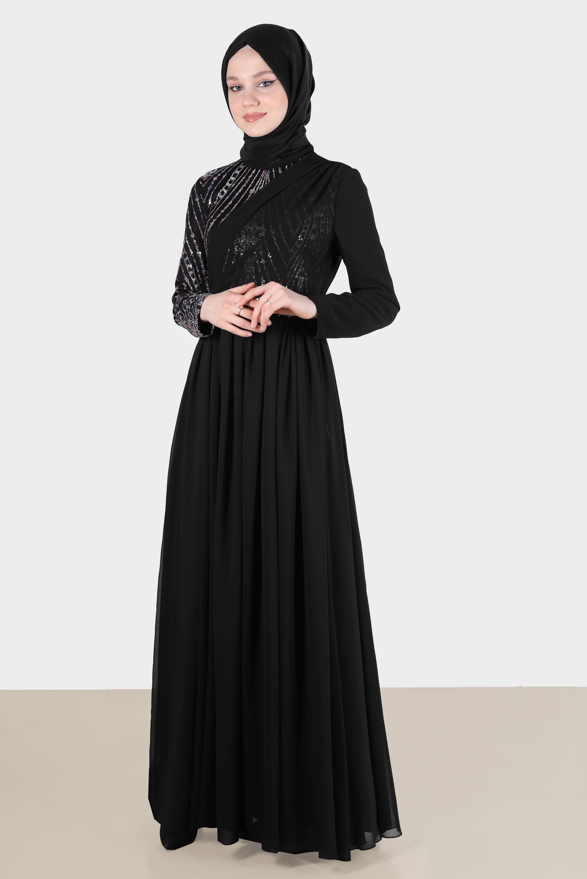 Tesettür giyim PUDRA TAŞ DETAYLI KUŞAKLI ABİYE ELBİSE 50222 