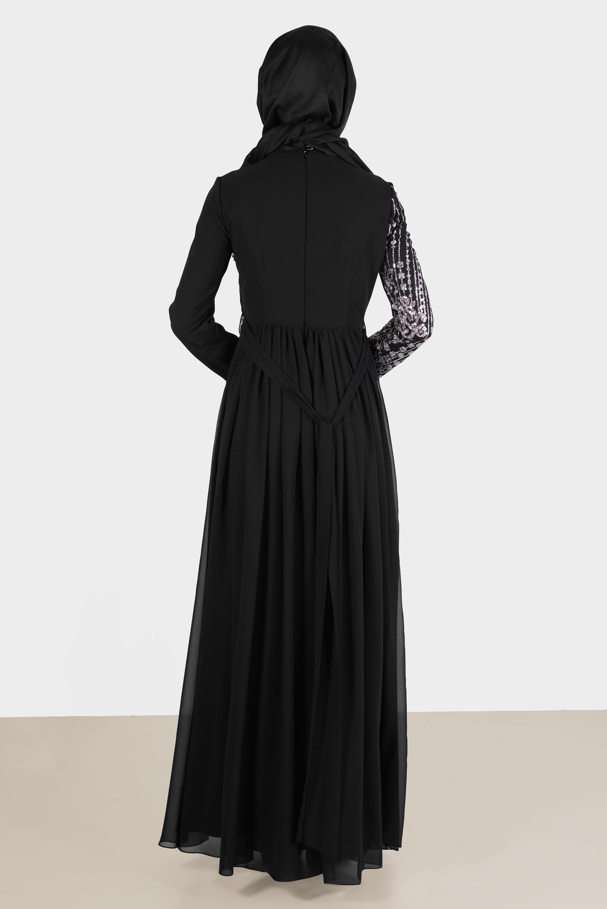 Tesettür giyim PUDRA TAŞ DETAYLI KUŞAKLI ABİYE ELBİSE 50222 