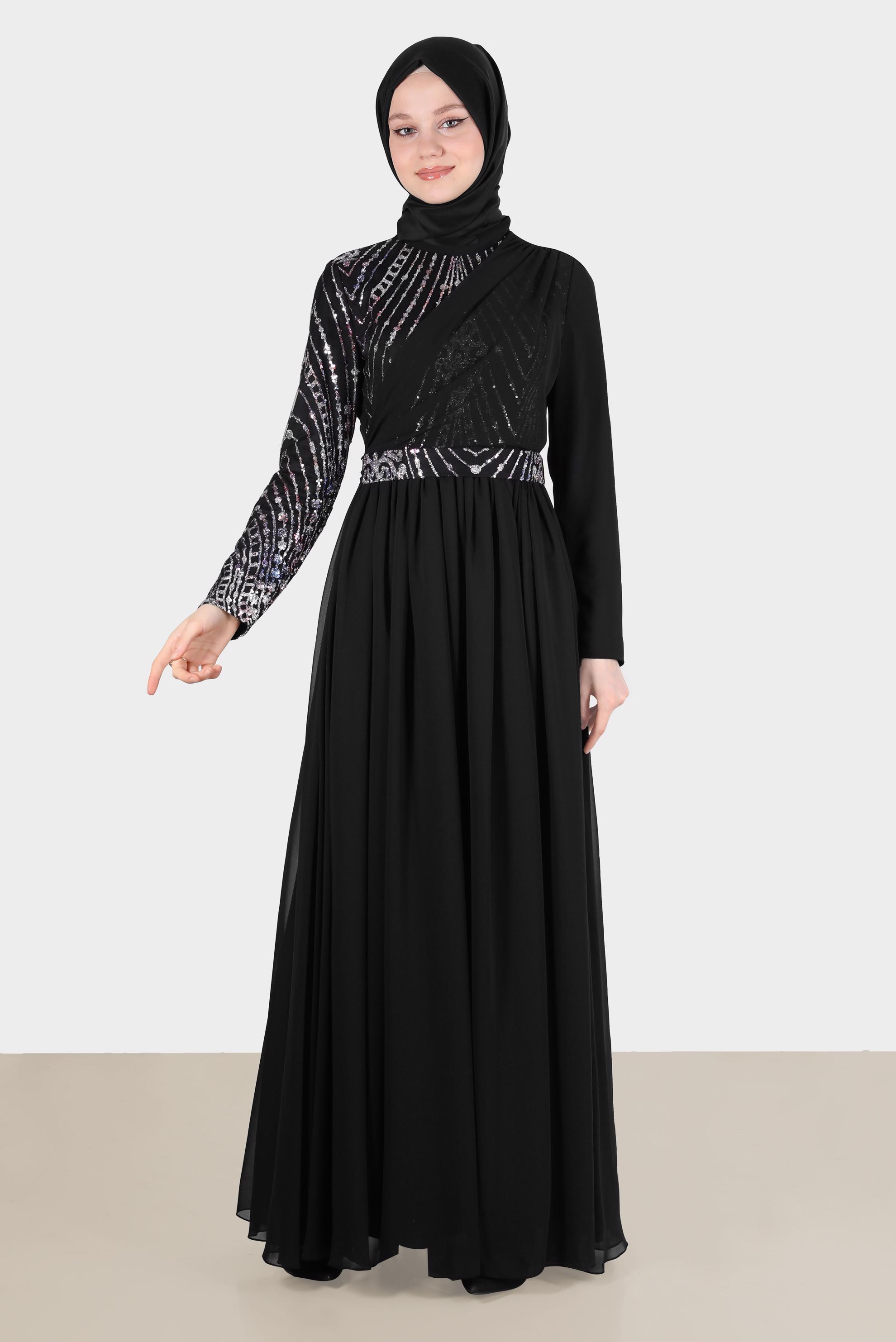 Tesettür giyim LACİVERT TAŞ DETAYLI KUŞAKLI ABİYE ELBİSE 50222 