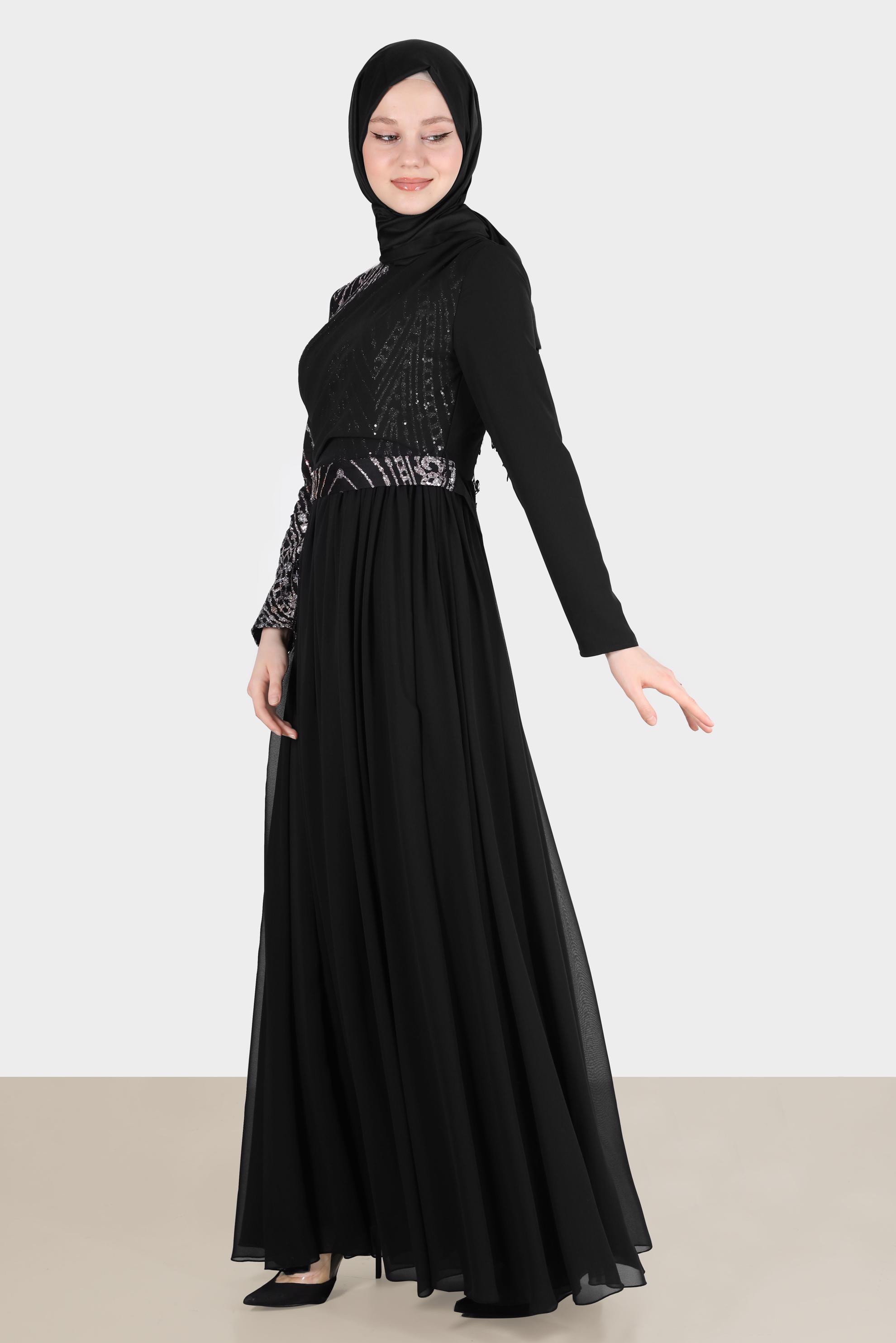 Tesettür giyim LACİVERT TAŞ DETAYLI KUŞAKLI ABİYE ELBİSE 50222 