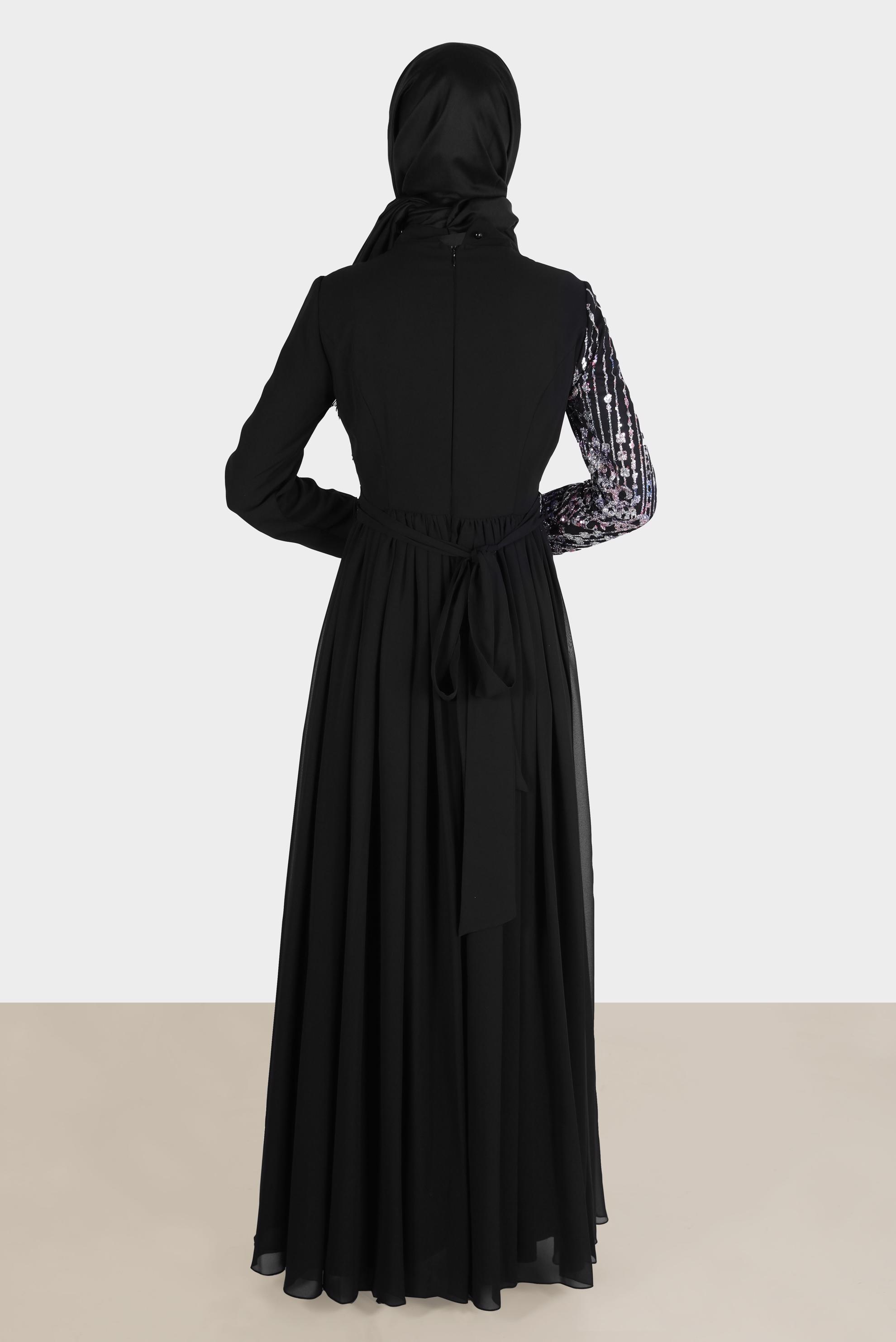 Tesettür giyim LACİVERT TAŞ DETAYLI KUŞAKLI ABİYE ELBİSE 50222 