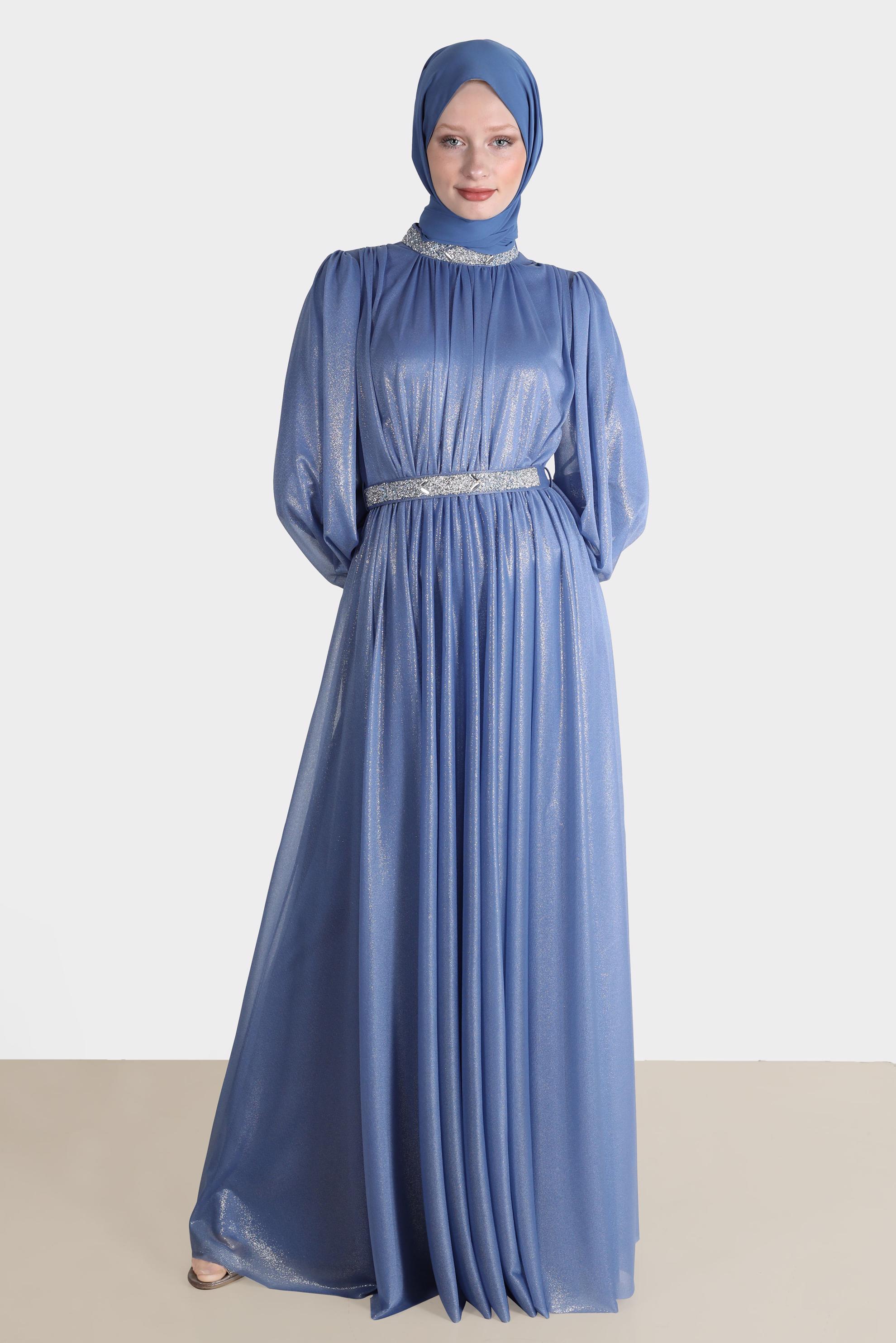 Tesettür giyim MAVİ TAŞLI FOİL ABİYE 50223	