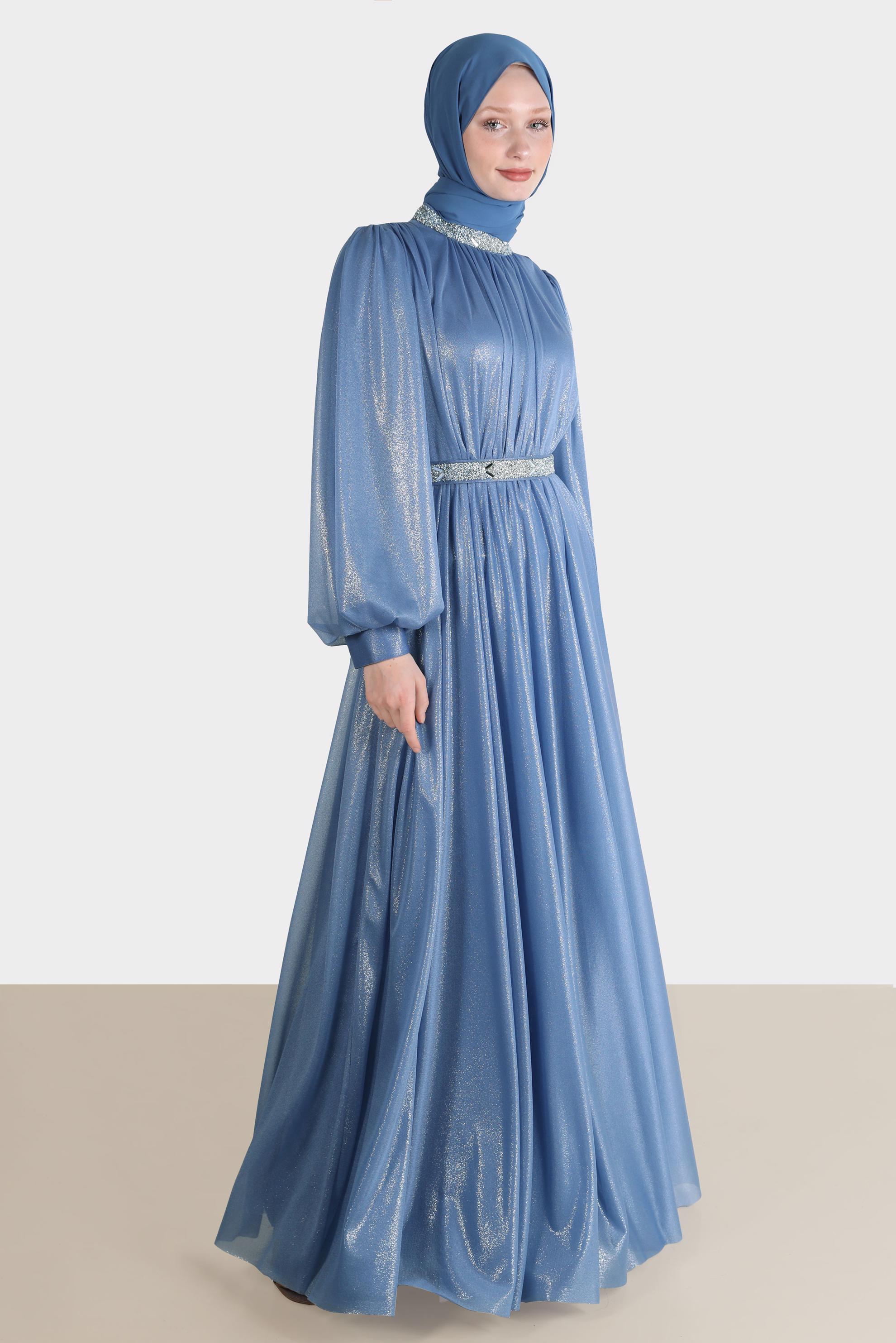 Tesettür giyim MAVİ TAŞLI FOİL ABİYE 50223	